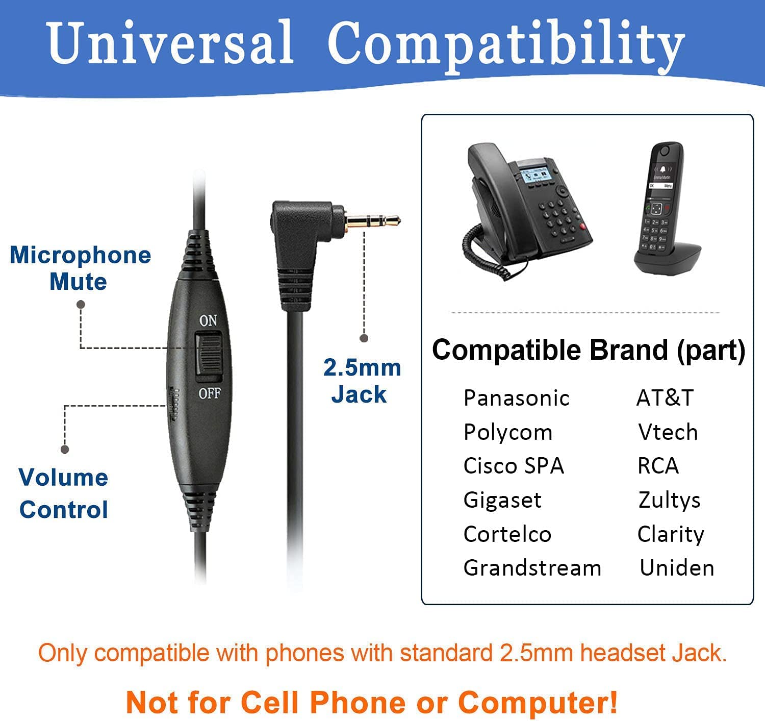 Noise Cancelling Office Telephone Headset with 2.5mm Jack - Compatible with Panasonic KX-TGEA20, AT&T ML17929, Vtech, RCA & Uniden Cordless DECT Phones - Perfect for Call Centers, Remote Work & Customer Service