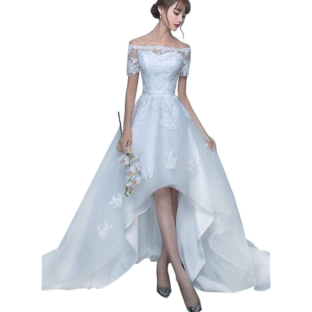 Elegant Yitiantian Hi-Lo Lace Wedding Dress for Women - Half-Sleeve Chiffon Bridal Gown with Classic Short Style in White (Size 20) | Perfect for Beach Weddings, Garden Ceremonies & Romantic Vows