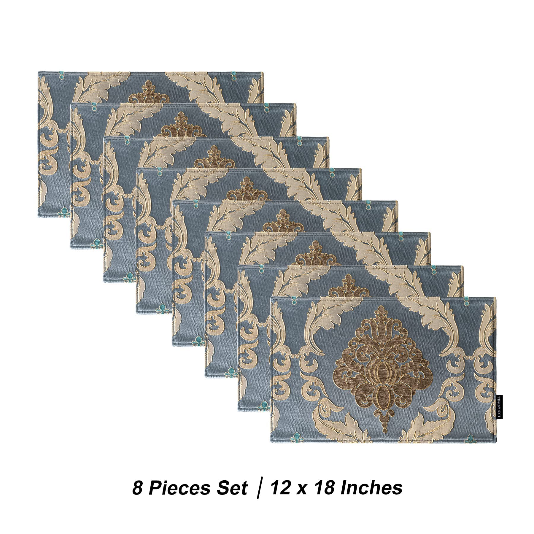 Luxury Thick Damask Jacquard Table Runner Set - 8 PCS 108-inch Long Handmade Table Place Mats with Multi-Tassels & Double-Layer Design, Perfect for Dining Table, Dresser, Party, Banquet, Wedding Decor and Home Decoration