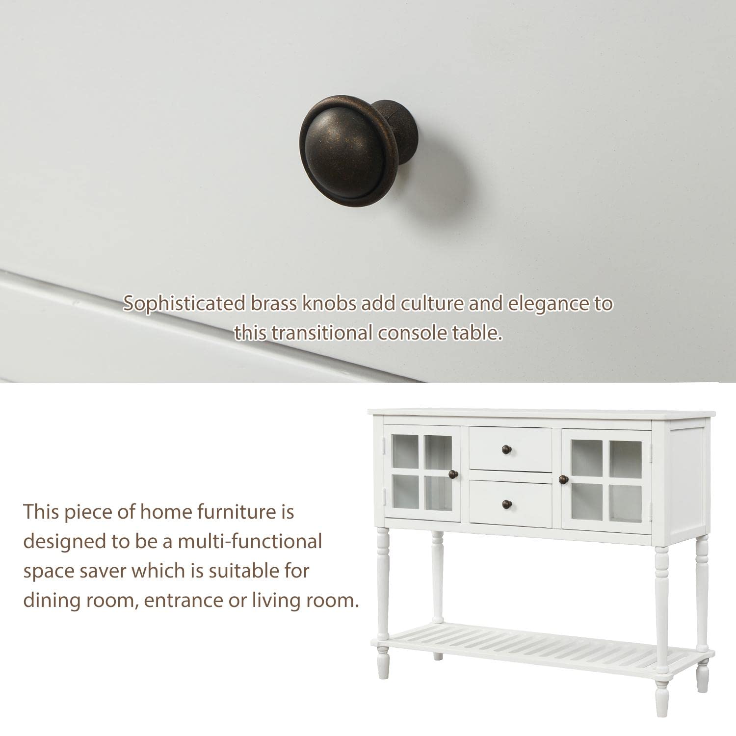 JINS&VICO Modern Sideboard Console Table with 2 Drawers & Bottom Shelf - Wood & Glass Storage Cabinet for Living Room, Entryway, or Dining Room - White