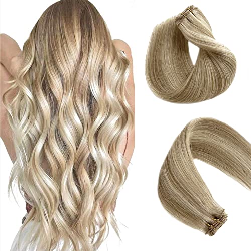24 Inch Remy Human Hair Extensions - Brown to Blonde Balayage Highlights, Double Weft Sew-in Bundles (120g) for White Women | Perfect for Special Occasions, Weddings & Daily Styling