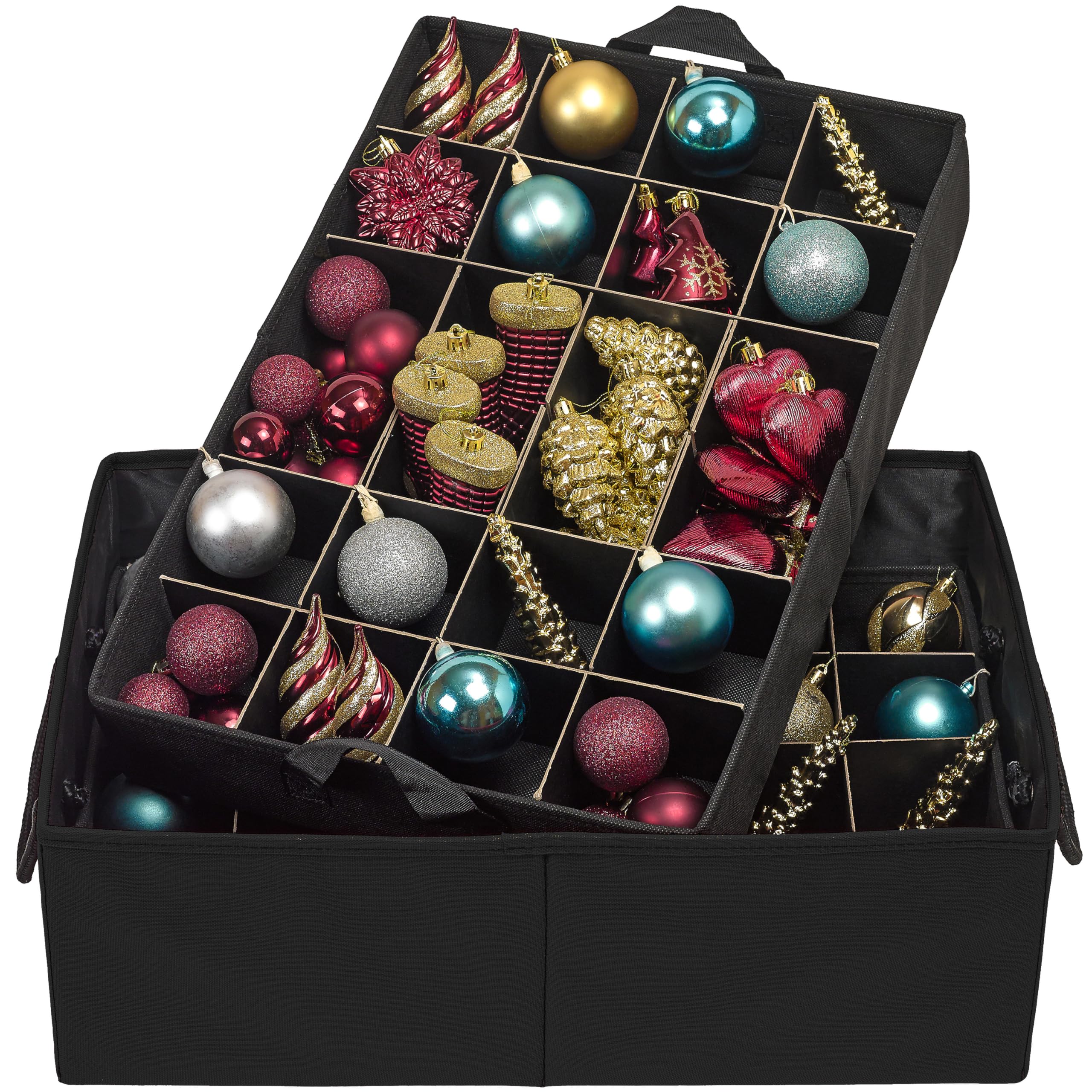 Christmas Ornament Storage Box with Dividers & 2 Removable Trays - Holds 48 Ornaments (3 inch) - Durable Black Container for Holiday Decor Organization - Perfect for Xmas Tree Decorations & Seasonal Storage