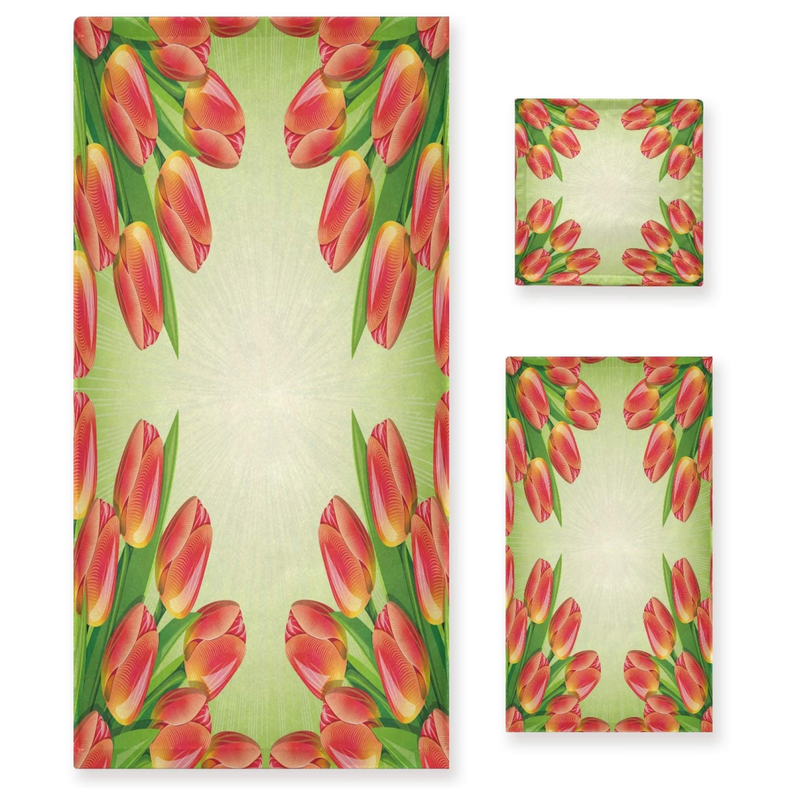 3-Piece Spring Tulip Flower Towel Set - Soft Bath Towel, Hand Towel & Washcloth | Home Decor, Guest Bathroom & Kitchen Use | Perfect Housewarming Gift