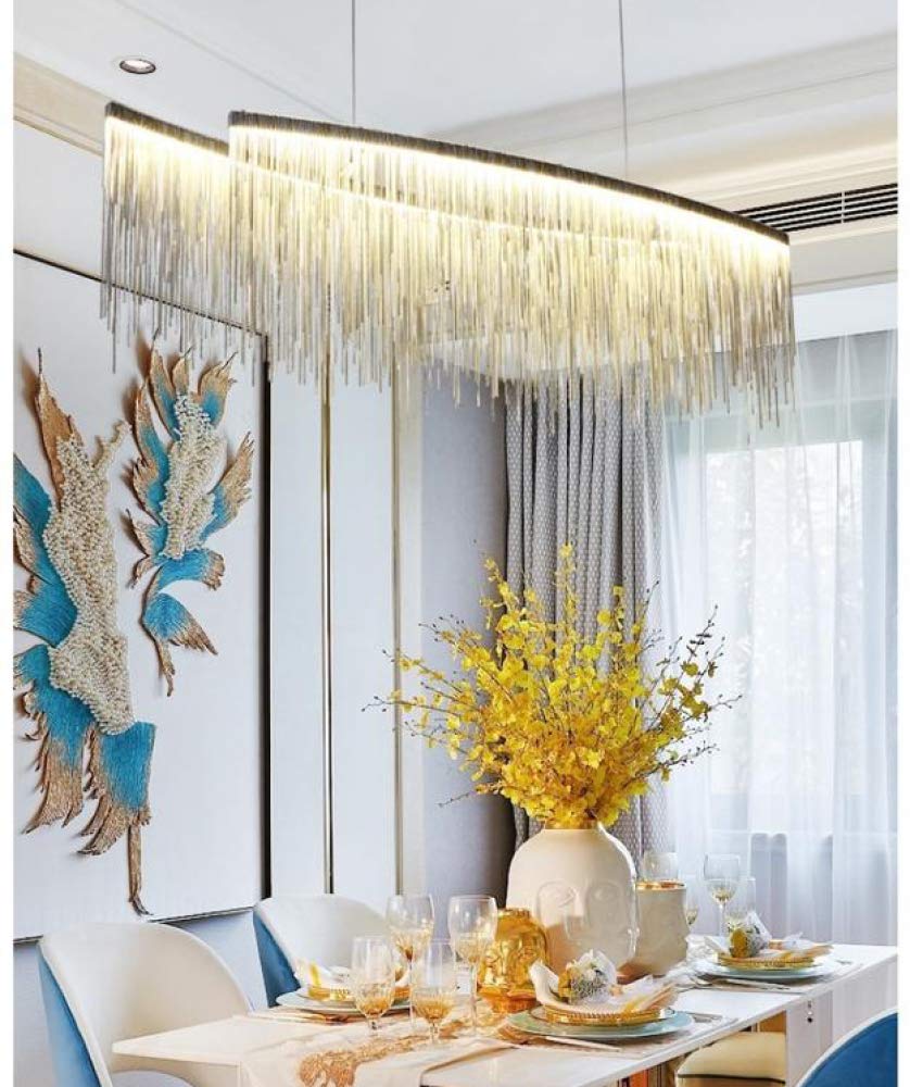 Modern LED Linear Pendant Light with Tassel Design - Chrome Finish & Neutral Light - 100cm Chain - Perfect for Living Room, Dining Room, Hotel, and Store Decor