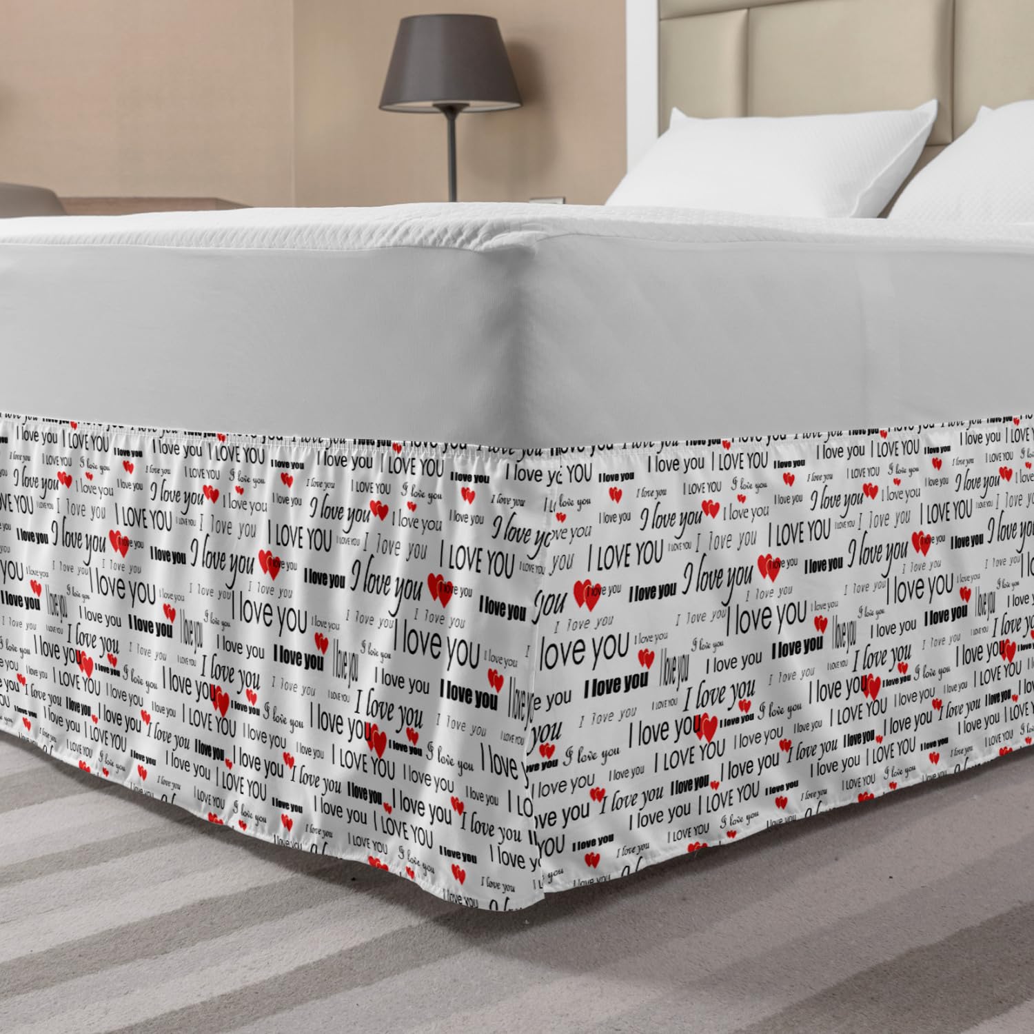 Ambesonne Romantic Bed Skirt with 'I Love You' Hearts Design - Valentine's Day Elastic Bedskirt Dust Ruffle Wrap for Queen Size Bed - Vermilion Black White Bedding Decor - Perfect for Couples' Bedroom, Anniversary Gifts & Romantic Home Decor