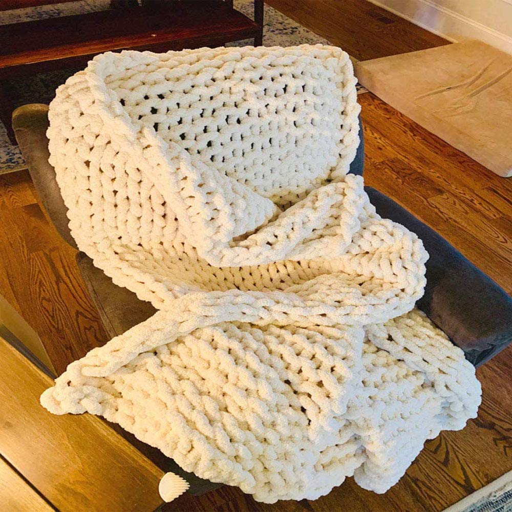 Chunky Knit Blanket - Soft Chenille Yarn Throw | Handwoven Weighted Cable Knit Blanket (47x71 inches) | Luxury Oversized Braided Blanket for Couch, Bed & Winter Warmth