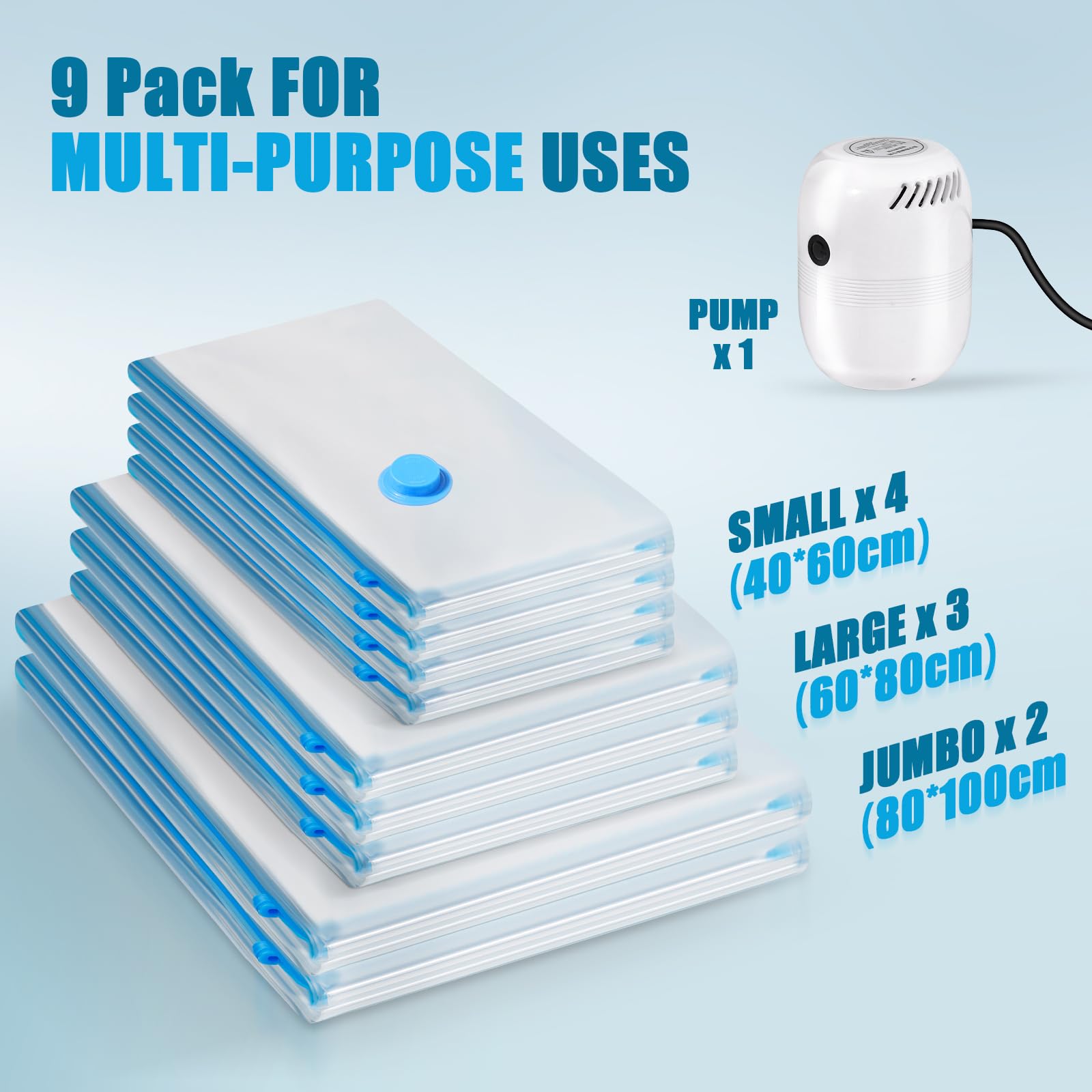 Jabykare 9-Pack Vacuum Storage Bags with Electric Pump - Space Saving Bags for Clothes, Blankets & Seasonal Items | Includes 2 Jumbo, 3 Large & 4 Medium Sizes | Perfect for Travel, Moving & Home Organization