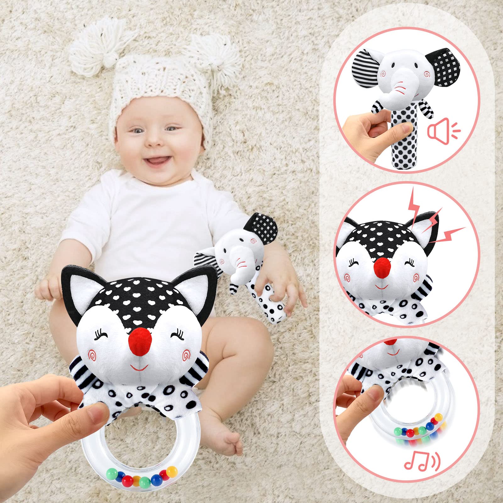 High Contrast Black & White Baby Rattles & Plush Toys for Newborns 0-3 Months - Sensory Development & Early Learning Infant Toys for Crib, Stroller & Playtime