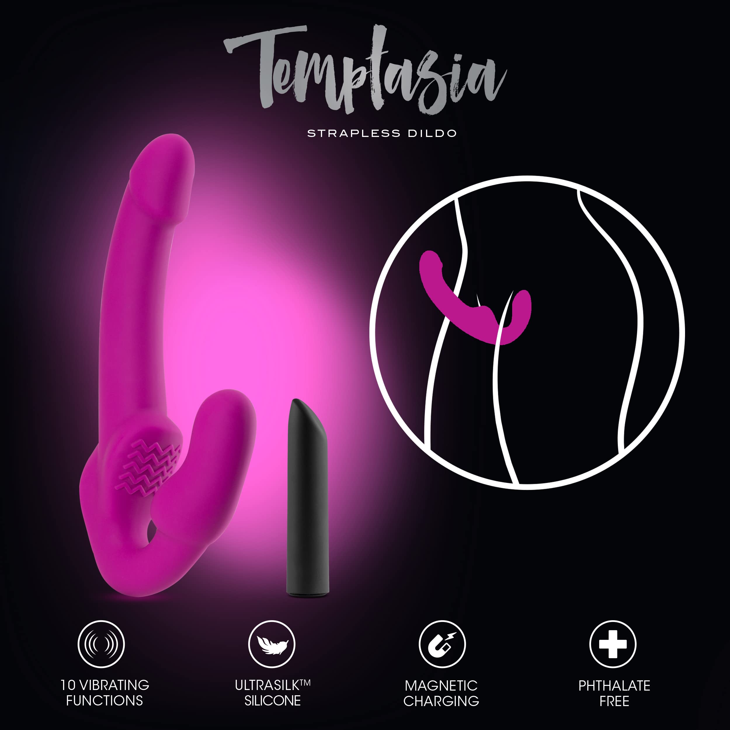 Blush Novelties Temptasia Estella Strapless Silicone Dildo with 10 Powerful Waterproof Vibration Modes - Adult Sex Toy for Women Couples - Perfect for Solo Play, Couples Intimacy & Sensual Exploration (Pink)