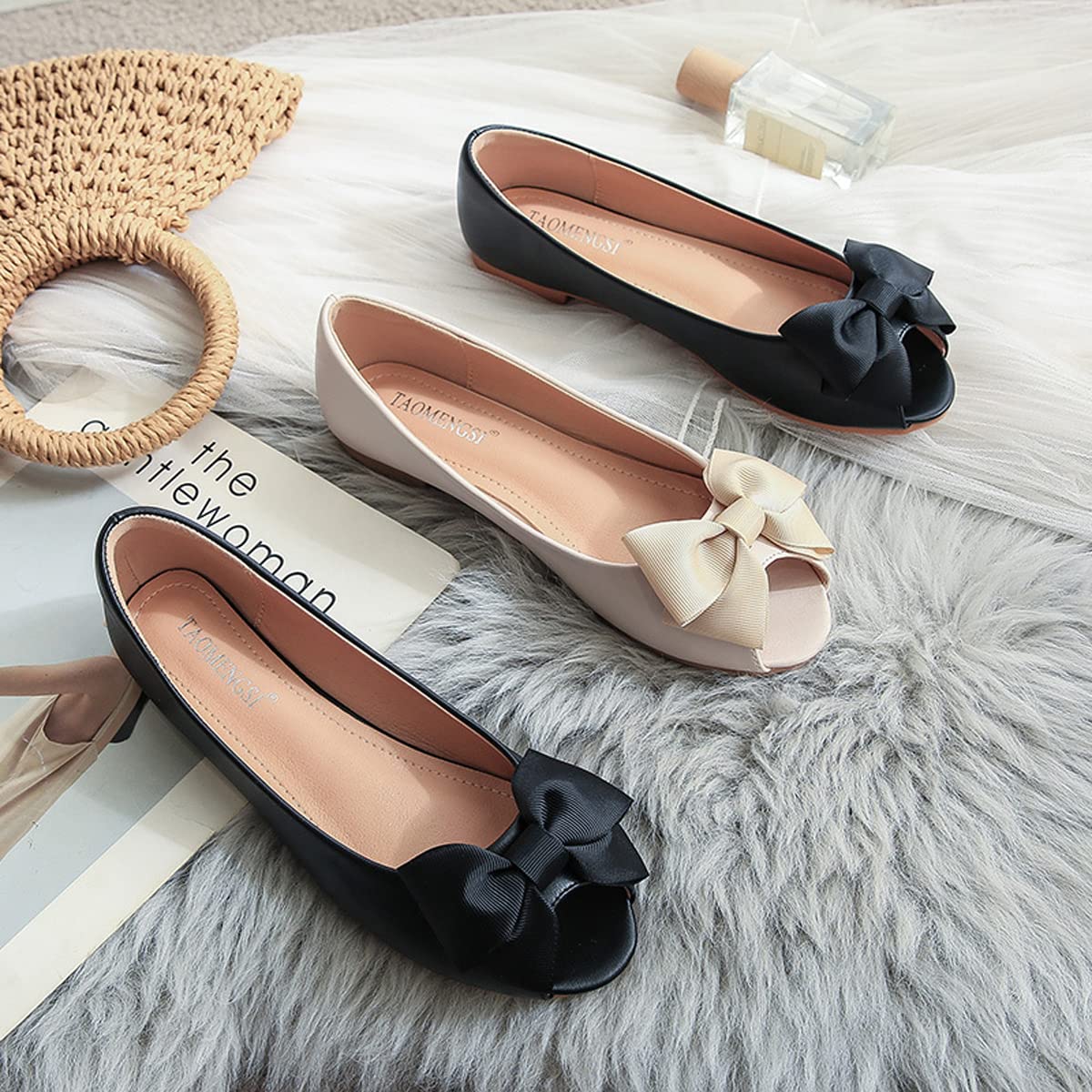 HuangTaiJi Qing Women's Elegant Peep Toe Bow Flats - Comfortable Slip-On Non-Slip Ballet Shoes for Party, Dating & Office Wear | Perfect for Weddings, Work & Casual Outings