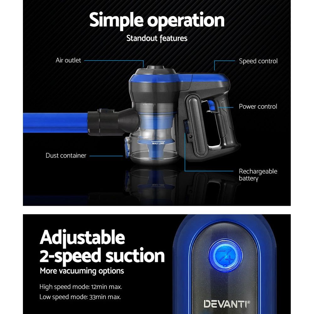 Devanti 250W Cordless Handheld Vacuum Cleaner - Powerful Brushless Motor, Lightweight & Portable - Perfect for Car, Home, and Pet Hair Cleaning (Blue)