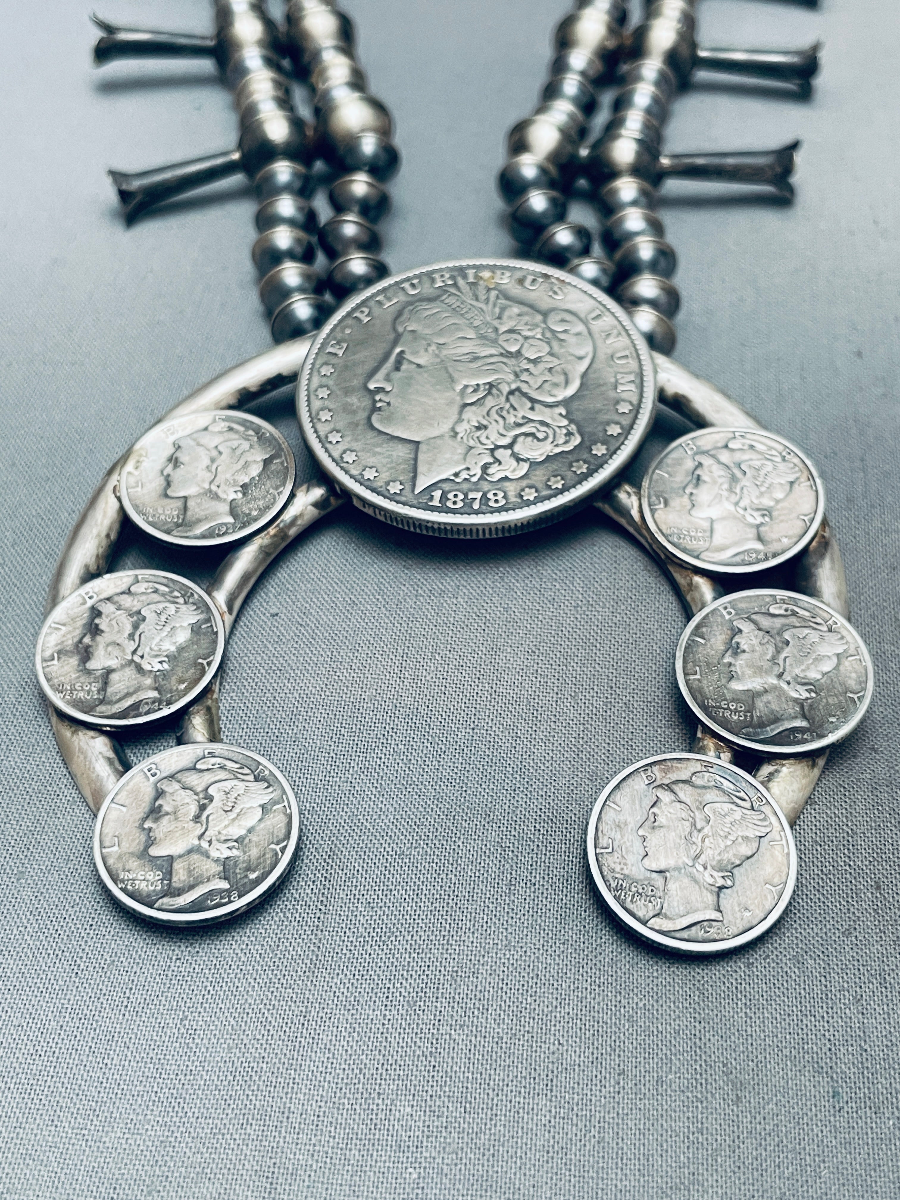 Vintage Navajo Sterling Silver Squash Blossom Necklace - 127g Authentic Native American Coin Jewelry - Perfect for Boho Fashion, Western Wear & Special Occasions