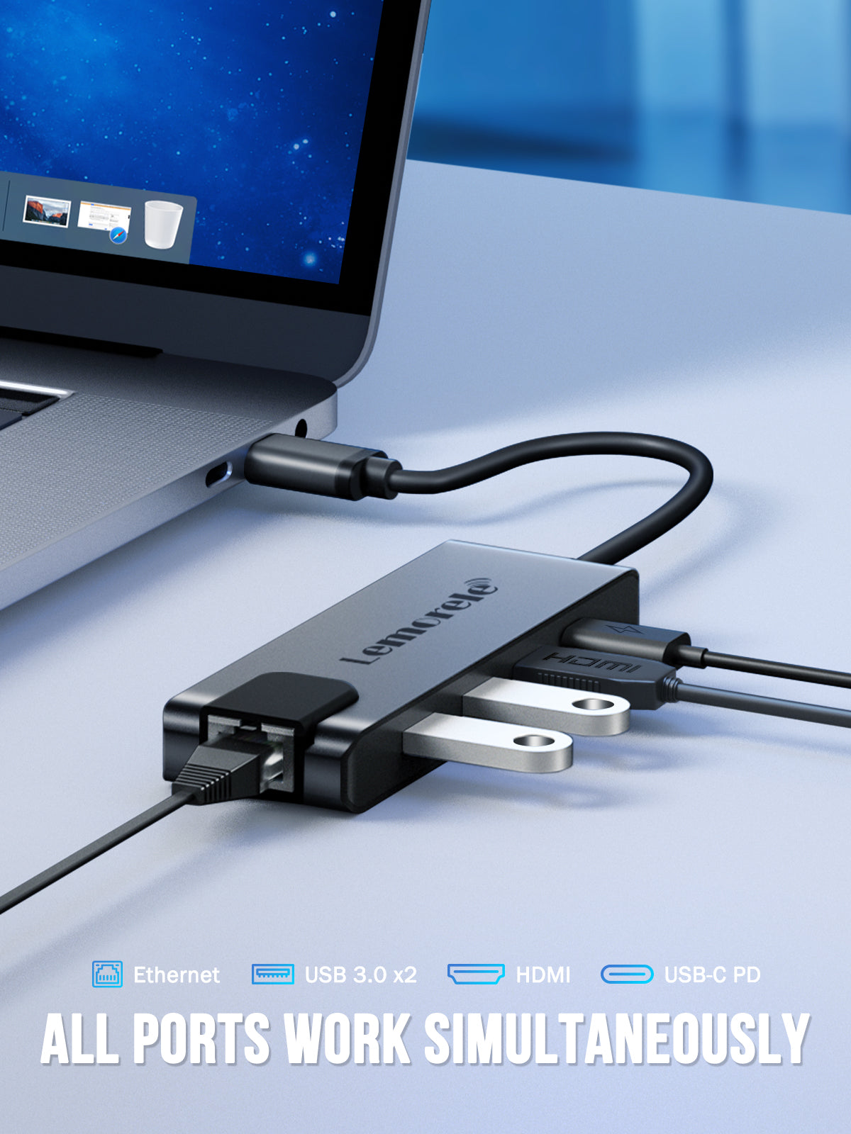 LEMORELE™ TC24 5-in-1 USB C Hub with HDMI, USB 3.0, SD/TF Card Reader - Perfect for MacBook Pro/Air, iPad Pro & Windows Laptops - Home Office & Travel Essential