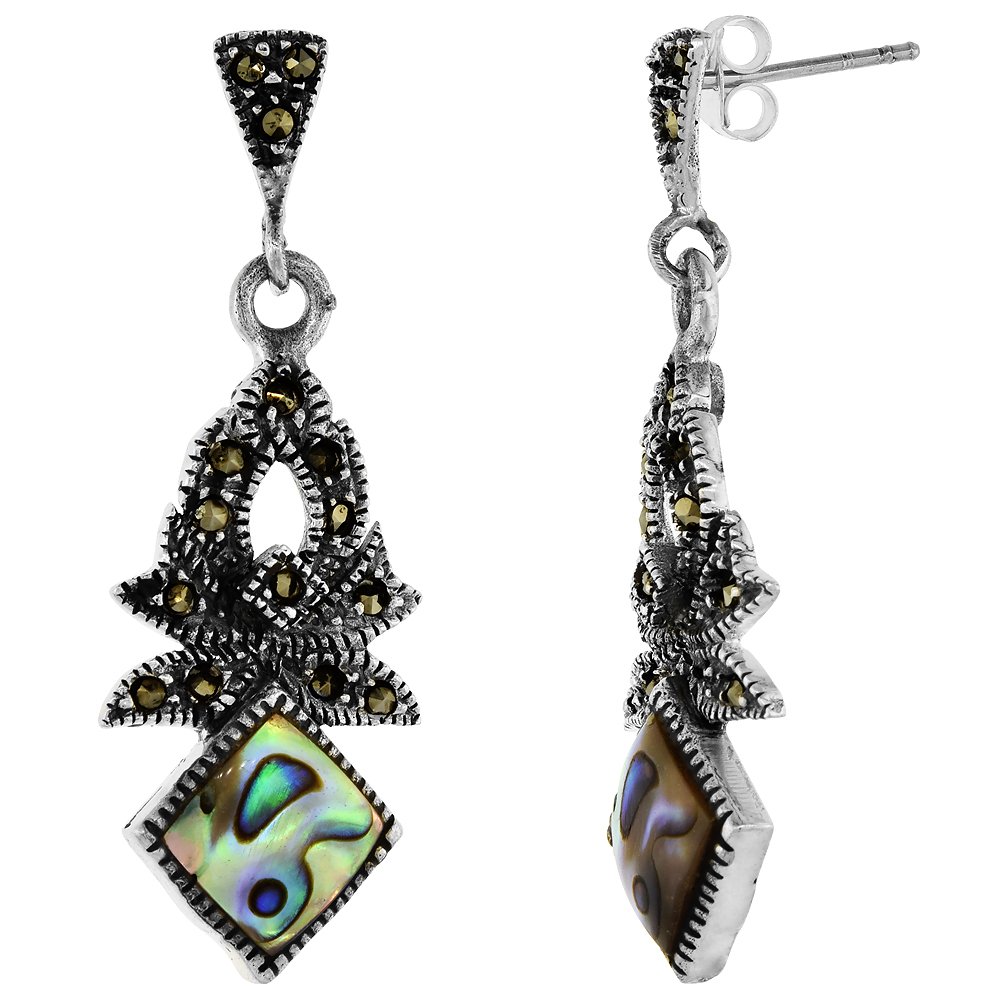 Sterling Silver Marcasite Dangle Earrings - Square Abalone & Turquoise Gemstone Jewelry for Women | Elegant Gift for Birthday, Anniversary & Special Occasions