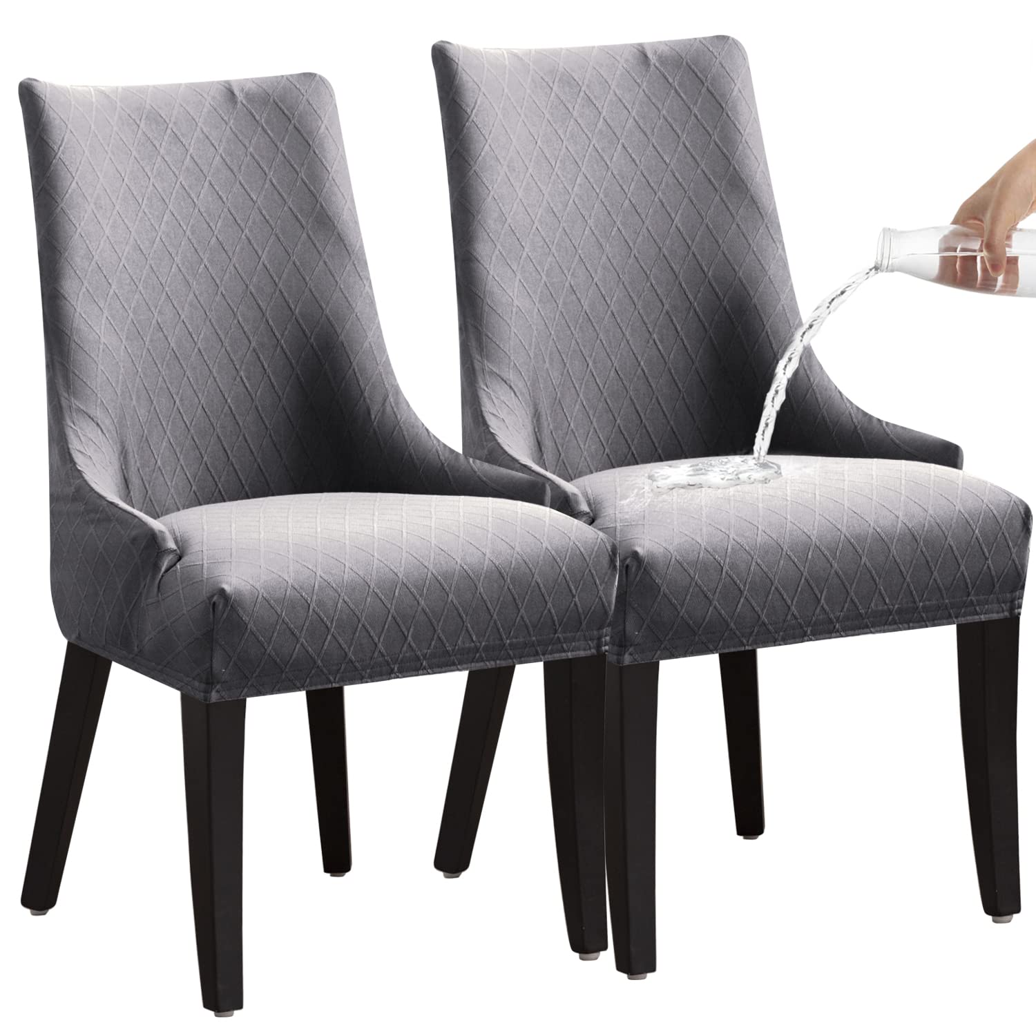 Stretch Rhombic Geometric Wingback Chair Slipcovers - Washable & Reusable Armchair Protector Covers for Dining Room, Living Room, Office (Light Grey, Set of 2) | Home Decor & Furniture Protection