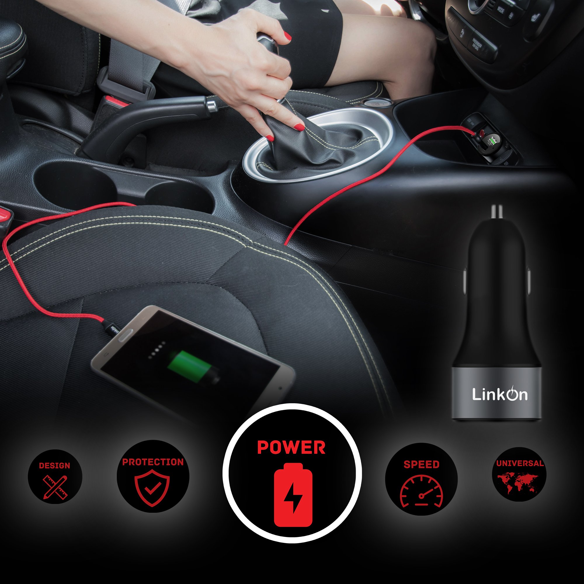 LinkOn 63W Fast Car Charger with 45W USB-C PD3.0 PPS & 18W USB-A QC3.0 - Compatible with MacBook Air, iPhone 15/14/13, Samsung Galaxy S23/S22 - Dual Port Car Adapter for Road Trips & Commuting