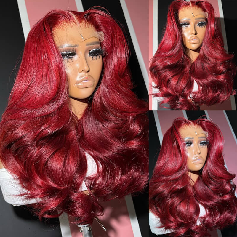 Eullair 13x4 Lace Front Wigs Human Hair - Burgundy Brown Layered Curtain Bangs Wavy Medium Length Wig for Women | Perfect for Cosplay, Daily Wear & Special Occasions