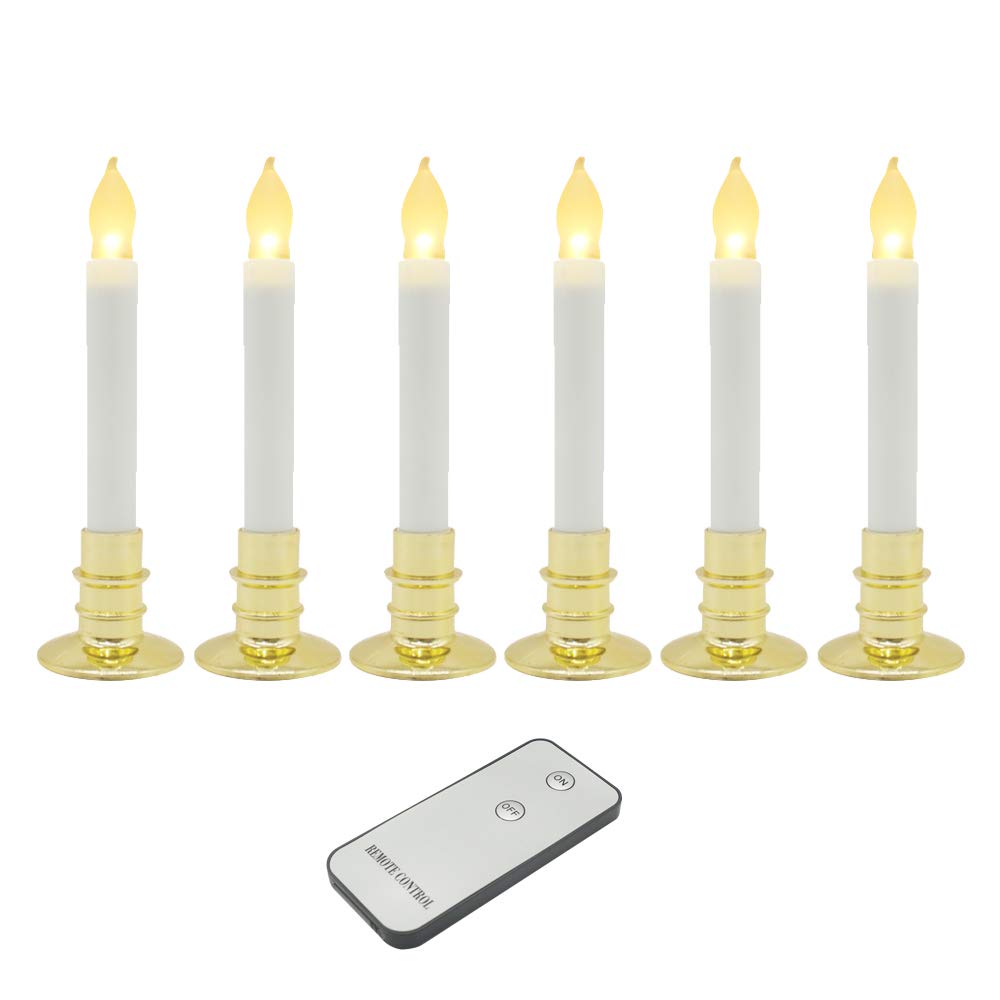 Battery Operated LED Flameless Flickering Candles with Remote - Set of 6 Warm White Window Candles in Gold Holders for Wedding, Party, Home & Christmas Decorations - Perfect for Centerpieces, Fireplace Mantels and Holiday Displays
