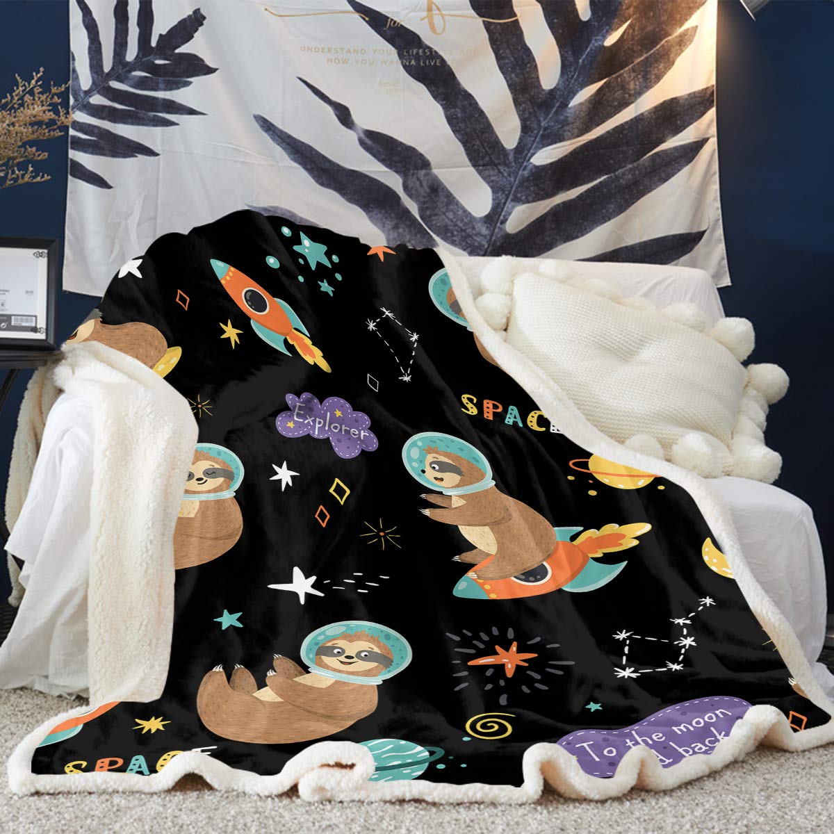 Space Sloth Astronaut Fleece Blanket - Twin Size 60x80 Inches - Soft Cartoon Planet Rocket Design for Kids Room, Bedroom Decor - Perfect for Cozy Nights, Movie Time & Gift Giving
