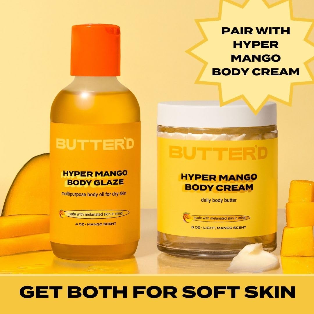 Butter'd Bodycare Hyper Mango Body Glaze - 4 Oz Hydrating Body Oil for Dry Skin - Perfect for Massage, After Shower Moisturizer & Summer Glow