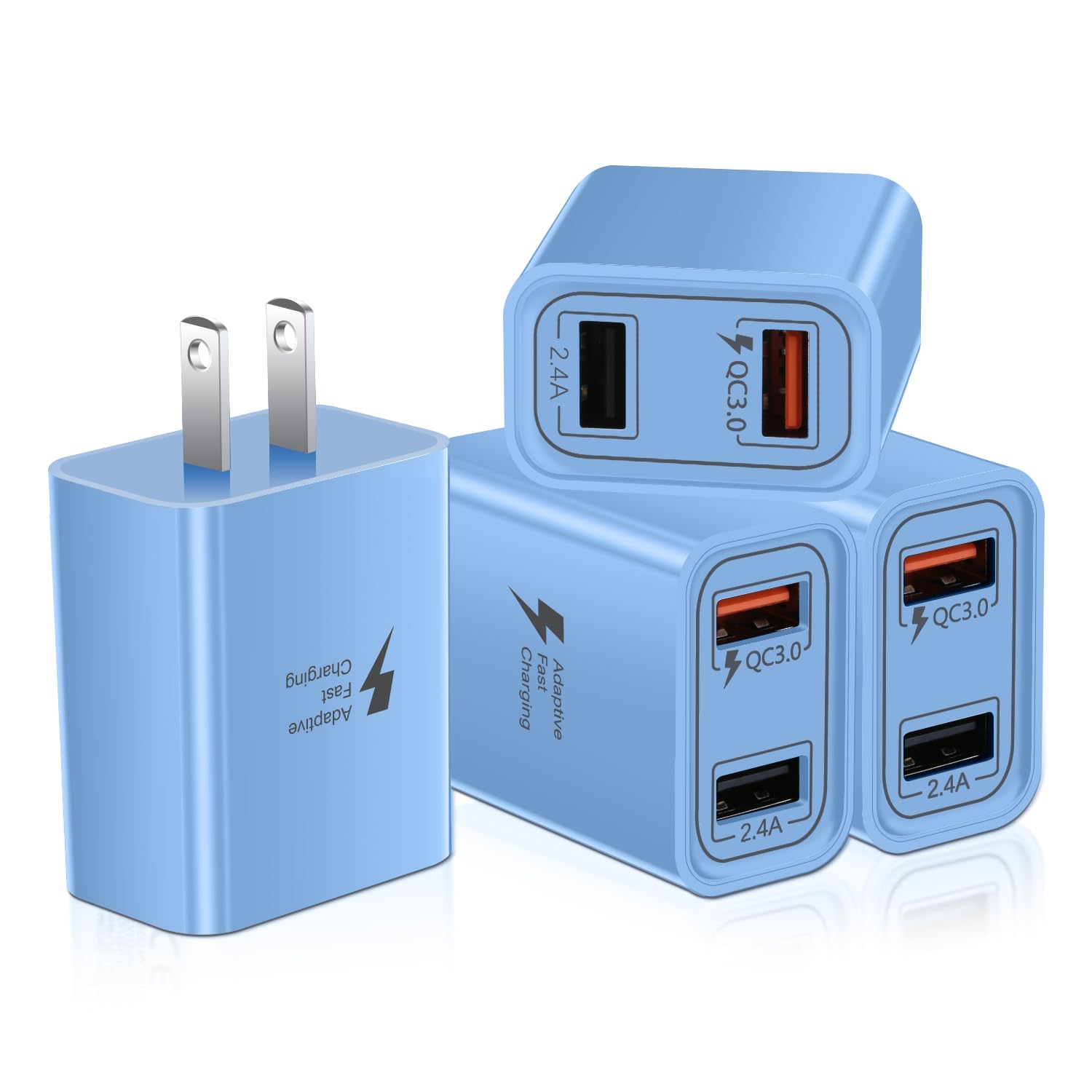 Pofesun 4-Pack 30W Fast USB Wall Charger with Dual QC3.0 Ports - Quick Charge for iPhone 15/14/13/12/11 Pro Max/XS/XR/8, iPad, Samsung Galaxy, Google Pixel, LG - Perfect for Home, Office & Travel (Blue)
