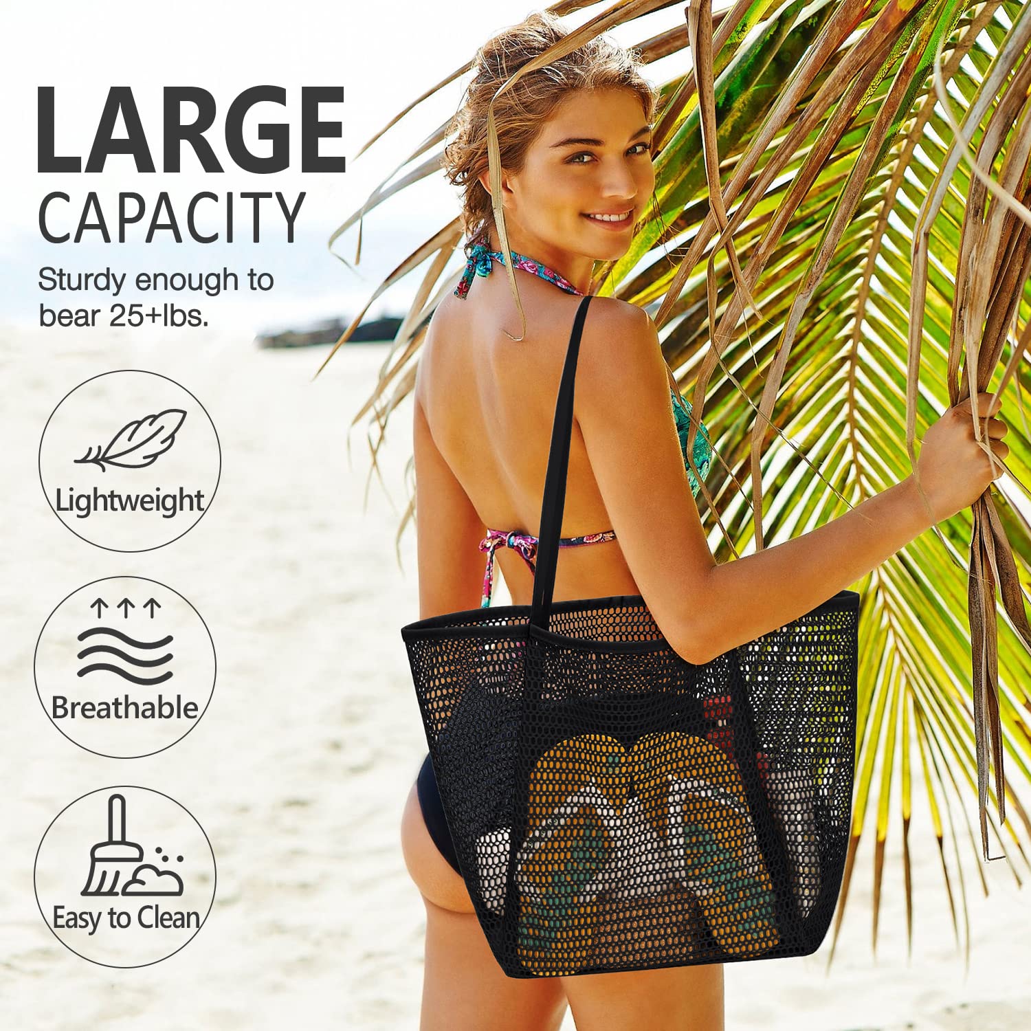 Upgraded Mesh Beach Tote Bag for Women - Large Waterproof Hobo Style Beach Bag with Drawstring - Perfect for Pool, Vacation, Travel & Summer Accessories