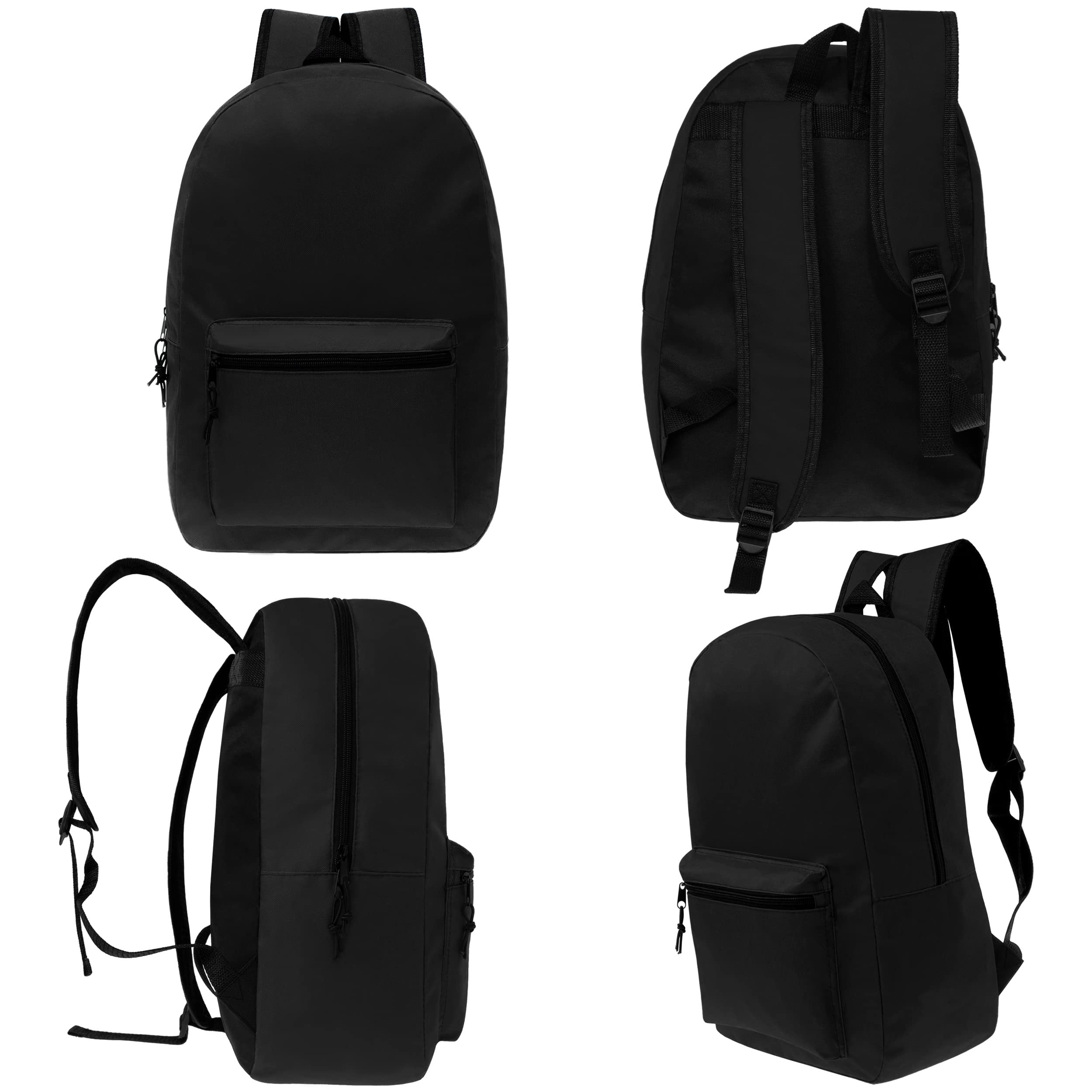 17 Inch Bulk Black Backpacks with 50-Piece Student Supplies Kit - Pens, Pencils, Crayons & More | Wholesale Case of 12 Value Bundle Packs for School, College & Office Use