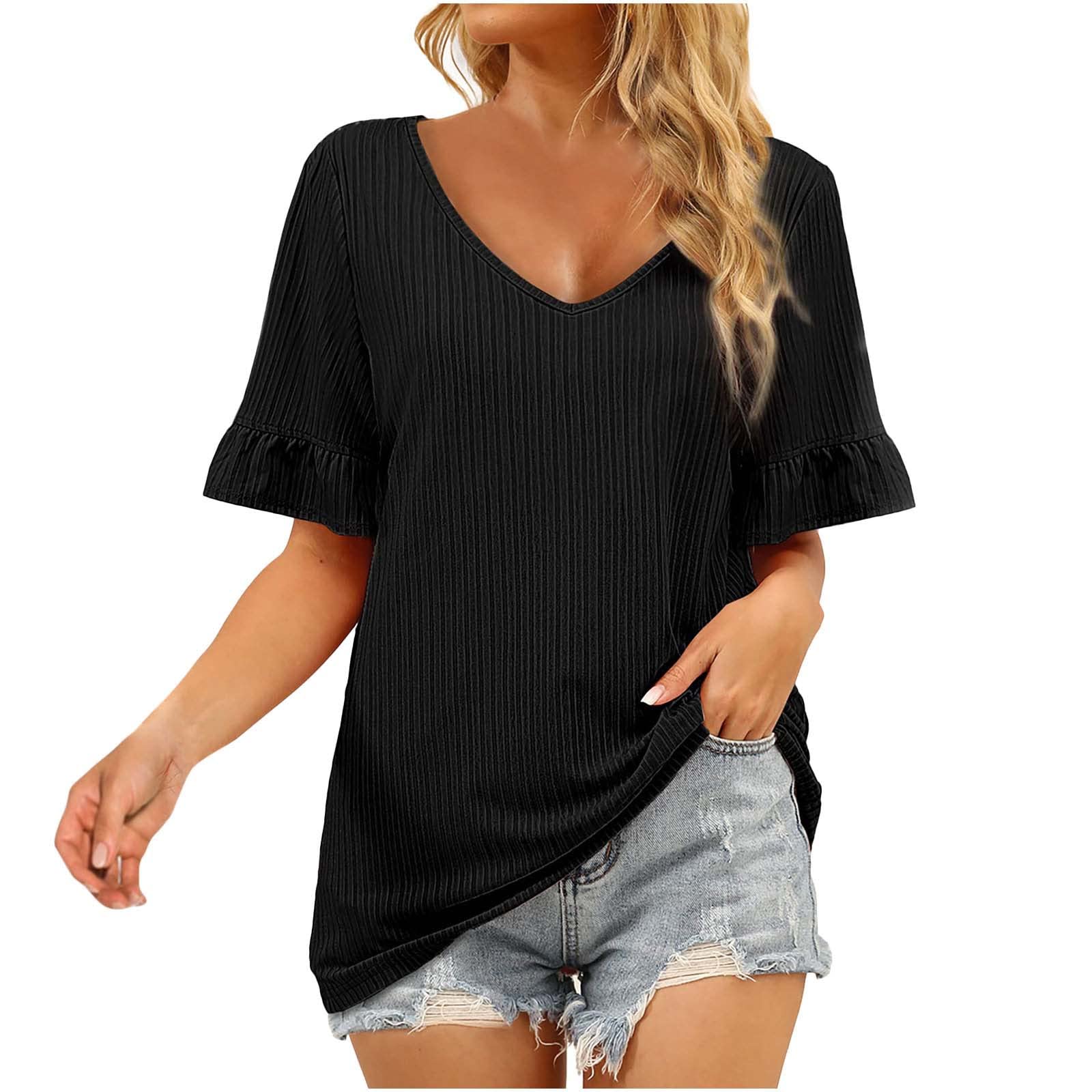 Women's V-Neck Casual Short Sleeve Ruffle Blouse - Loose Fit Summer Tunic T-Shirt | Perfect for Beach Outings, Date Nights & Everyday Wear