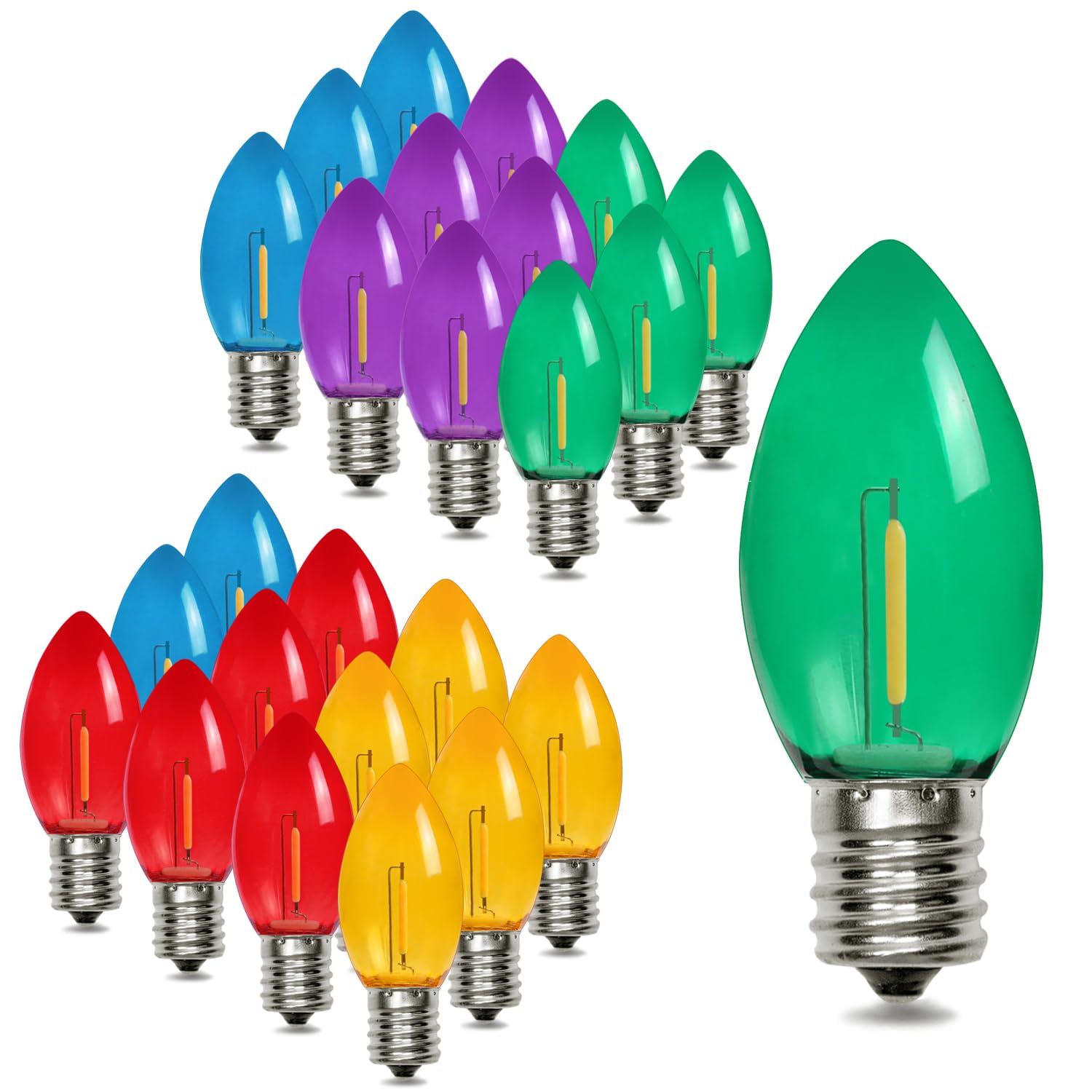 25 Pack Multicolor C9 LED Christmas Light Bulbs - Shatterproof, Waterproof Outdoor String Lights with Vintage LED Filament (E17 Base) - Commercial Grade Holiday Decoration for Christmas Tree, Porch, Yard & Roof Decorations