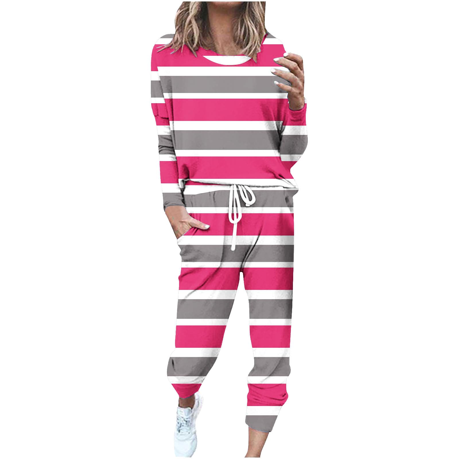 Women's 2-Piece Lounge Set - Striped Patchwork Long Sleeve Tracksuit with Adjustable Waist | Comfortable Outfit for Home, Yoga, Travel & Casual Wear
