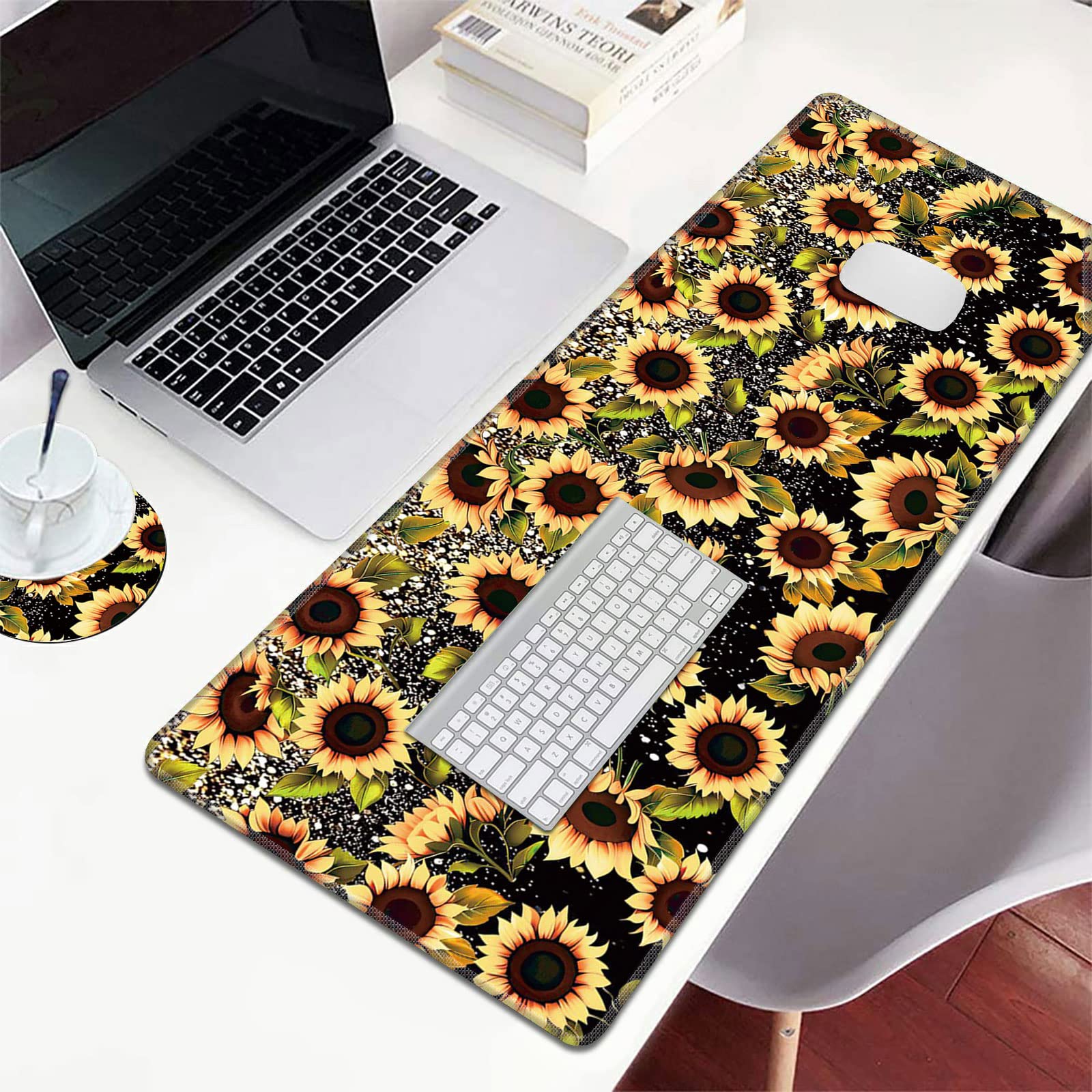 XXL Gaming Mouse Pad with Stitched Edges - 31.5x11.8 Inch Large Extended Mouse Mat, Non-Slip Base Desk Mat for Keyboard & Mouse, Vibrant Sunflower Design - Perfect for Gaming, Office & Home Workspace