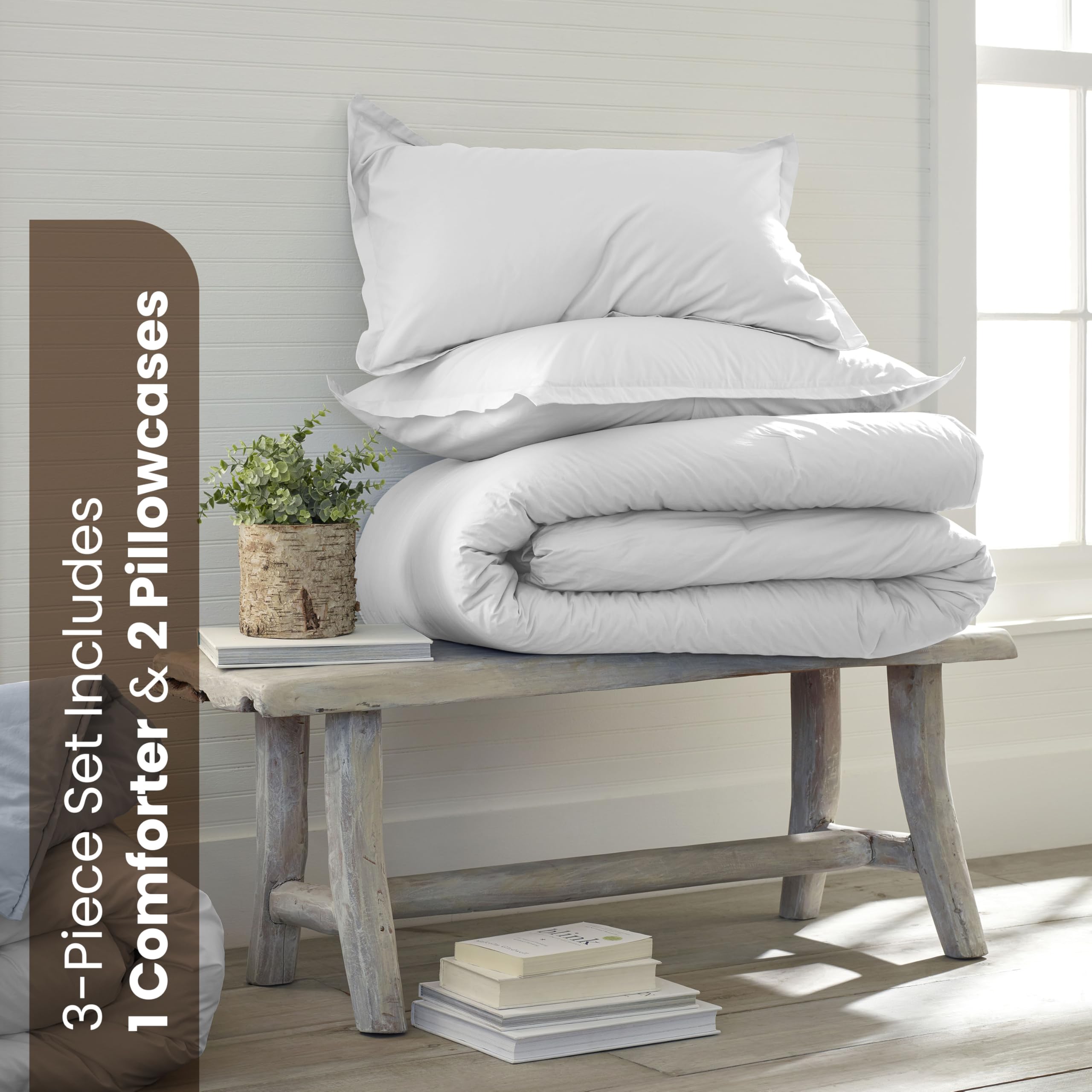 EcoPure Martex Comfort Wash 3-Piece Full/Queen Comforter Set - 100% Organic Cotton All-Season Bedding - Breathable Lightweight Duvet Cover - Easy Care White Comforter for Bedroom, Guest Room & Dorm