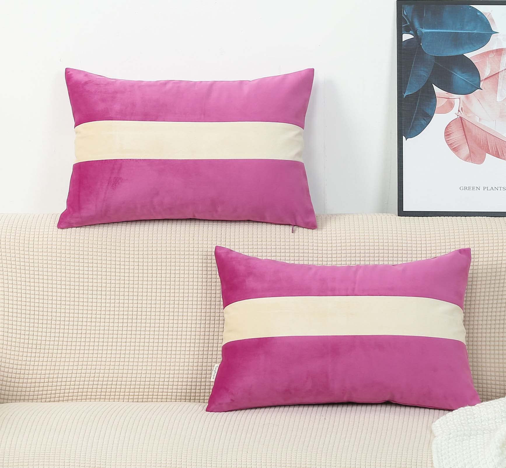 TangDepot Set of 2 Heavy Velvet Decorative Throw Pillow Covers - Cream White Striped Super Soft Indoor/Outdoor Lumbar Pillow Shells (12x18 Inch, 2 Pieces, Azalea) - Perfect for Sofa, Bed, Couch & Patio Decor