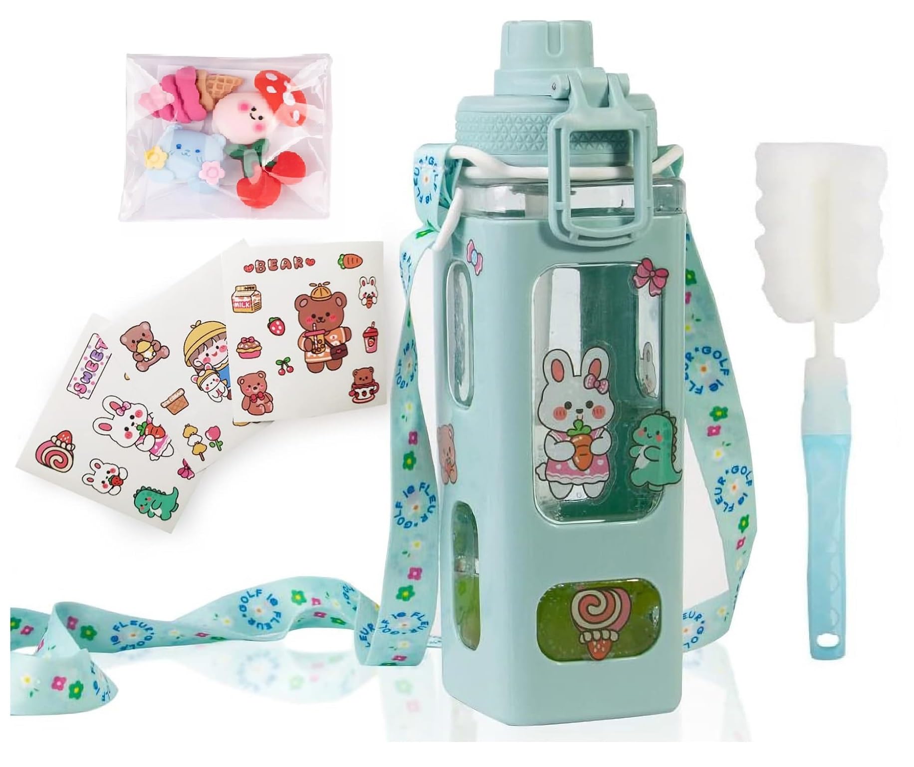 Cute 23.6oz Kawaii Water Bottle with Straw & Stickers - Leakproof Square Plastic Sports Bottle for Kids & Girls - Perfect for School, Sports & Outdoor Activities - Green