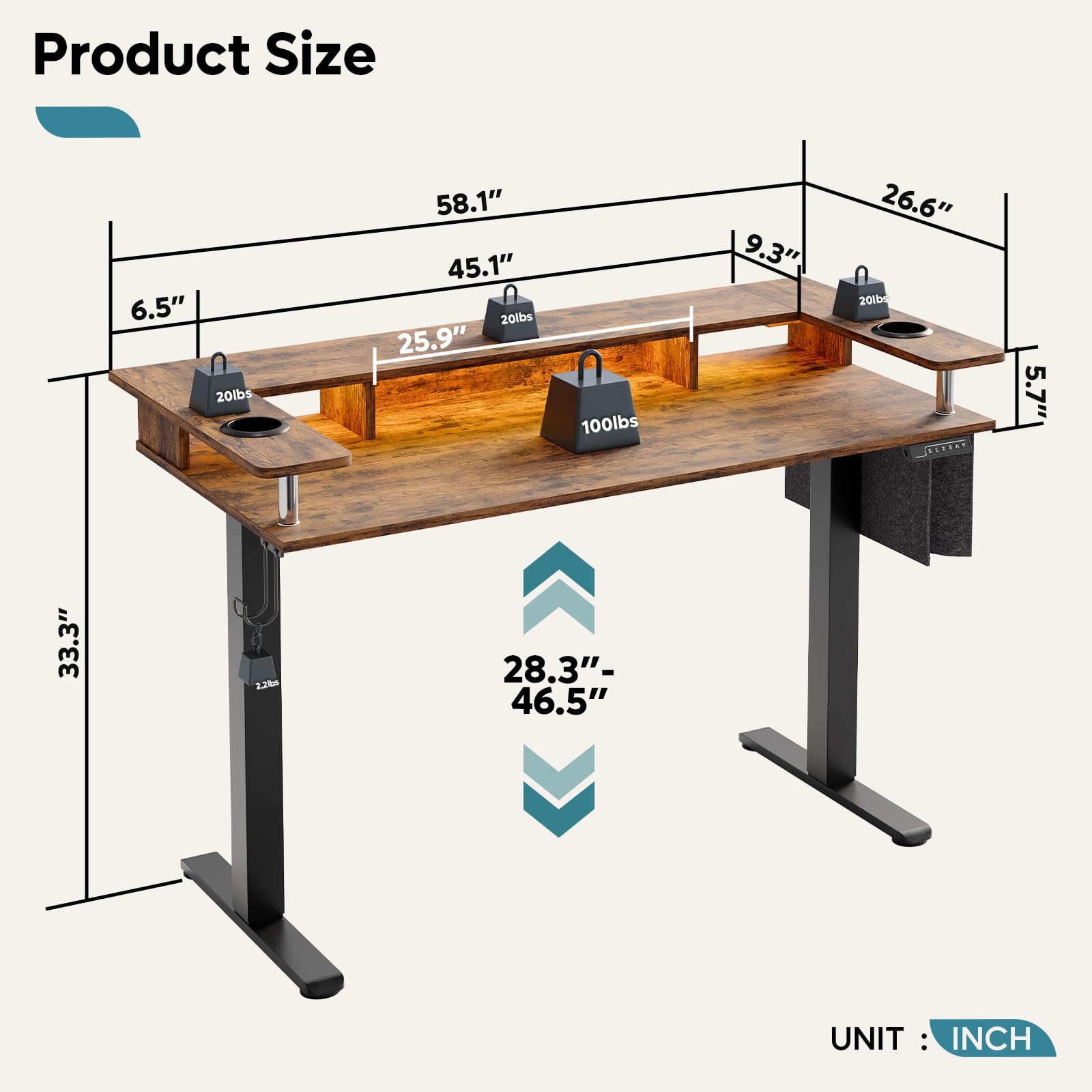 Bestier 58x26 Inch Electric Standing Desk with Adjustable Height - Ergonomic Sit Stand Desk for Home Office, Includes Monitor Stand & Headphone Hook (Brown) | Perfect for Remote Work, Gaming & Study Spaces