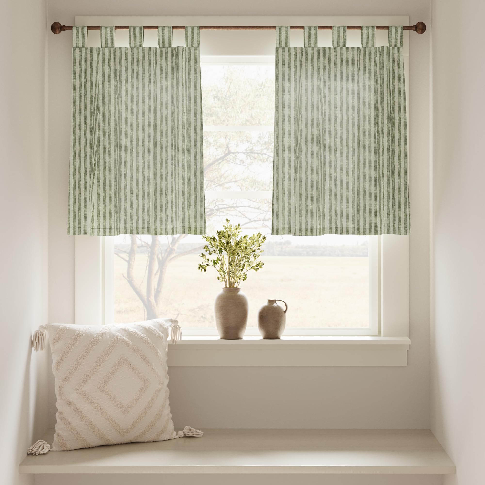 Jinchan 36 Inch Striped Linen Kitchen Curtains - Farmhouse Rustic Tier Curtains with Rod Pocket, Sage Green Ticking Stripe Drapes for Living Room, Bathroom & Cafe Windows | Perfect for Small Windows, Farmhouse Decor & Cozy Kitchen Settings