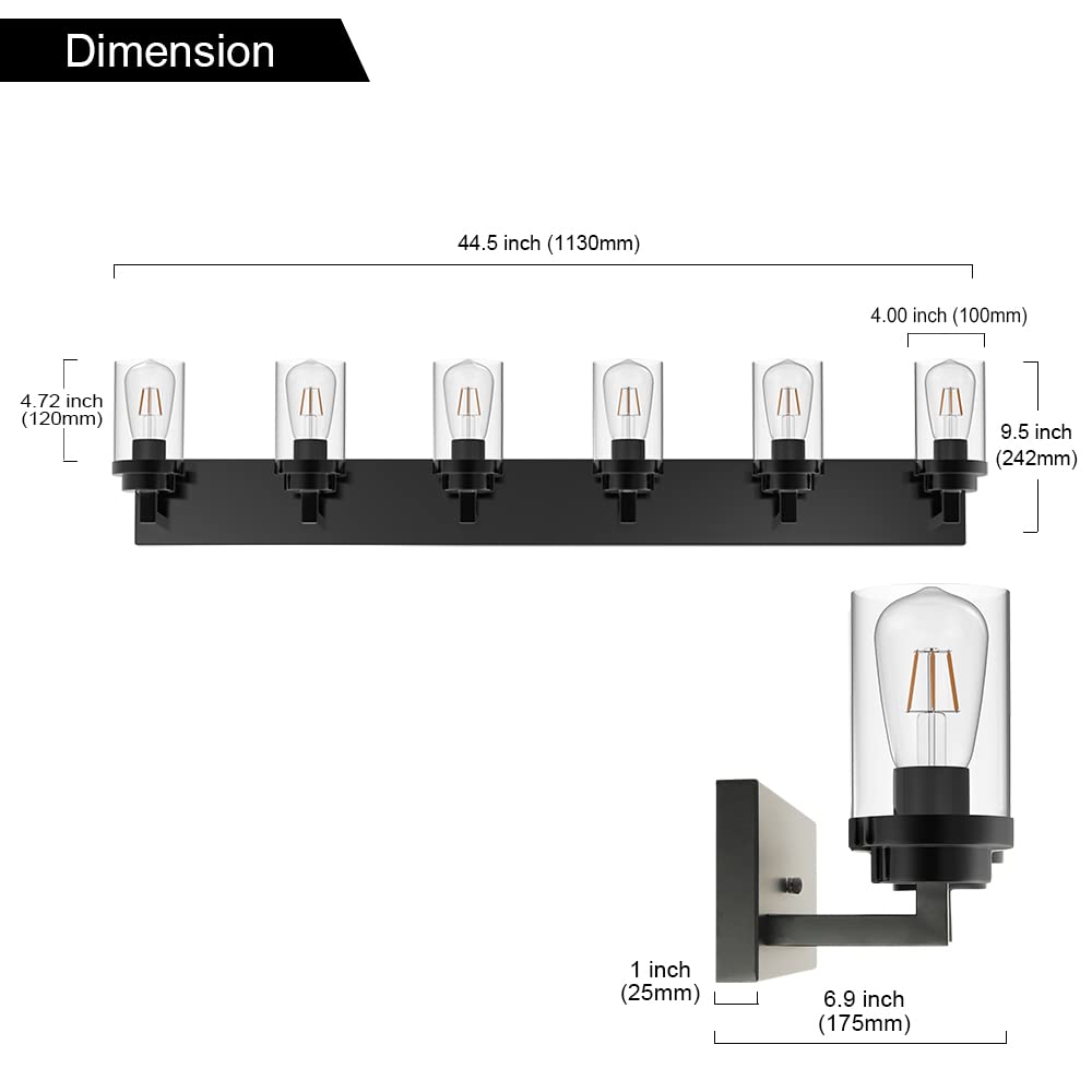 MELUCEE 6-Light Modern Black Vanity Lights with Clear Glass Shade - Industrial Wall Mount Bathroom Lighting Fixture for Mirror, Powder Room, Kitchen & Living Room | Perfect for Makeup Vanity, Dressing Area & Home Decor