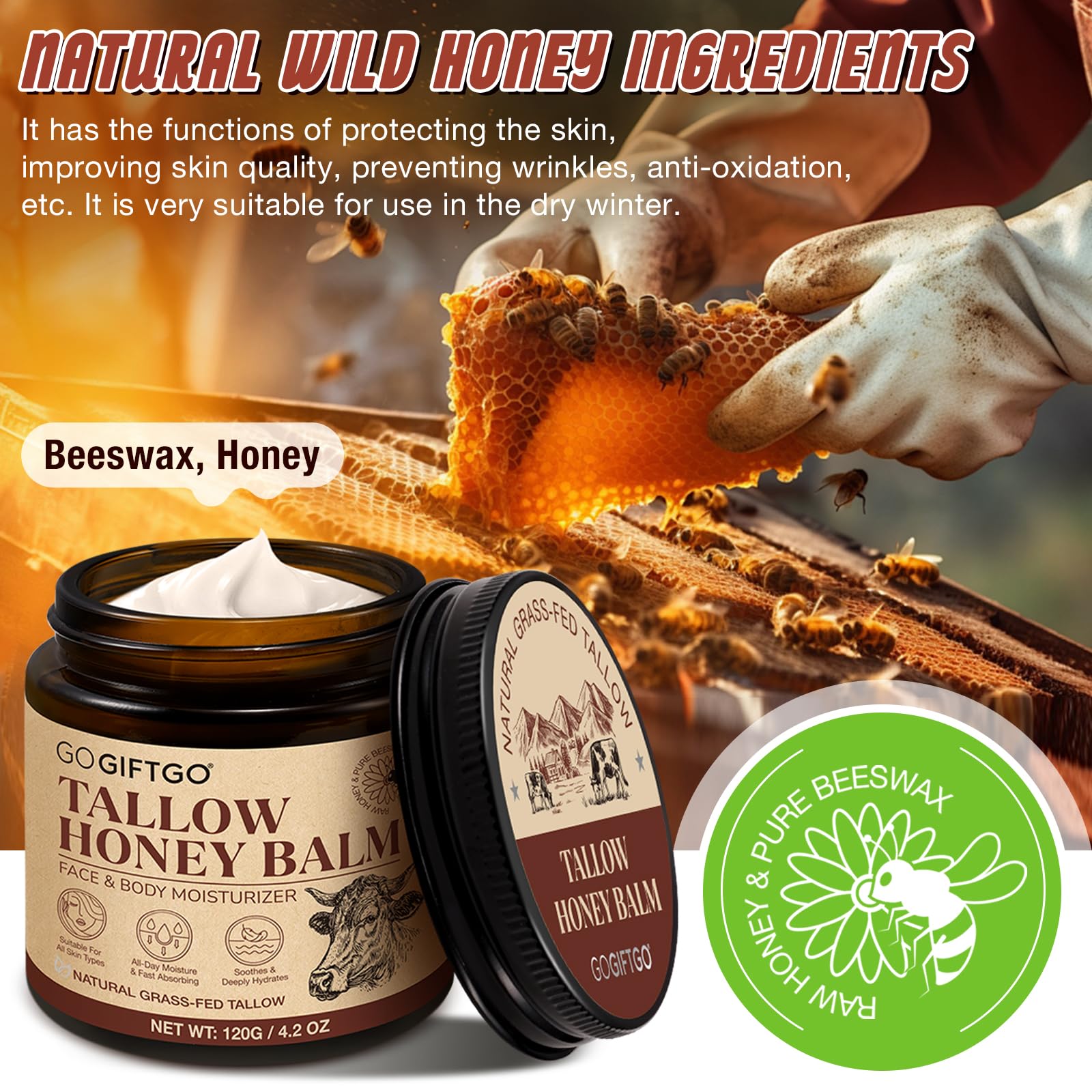 Grass Fed Beef Tallow Balm - Natural Skin Moisturizer for Face & Body Care
