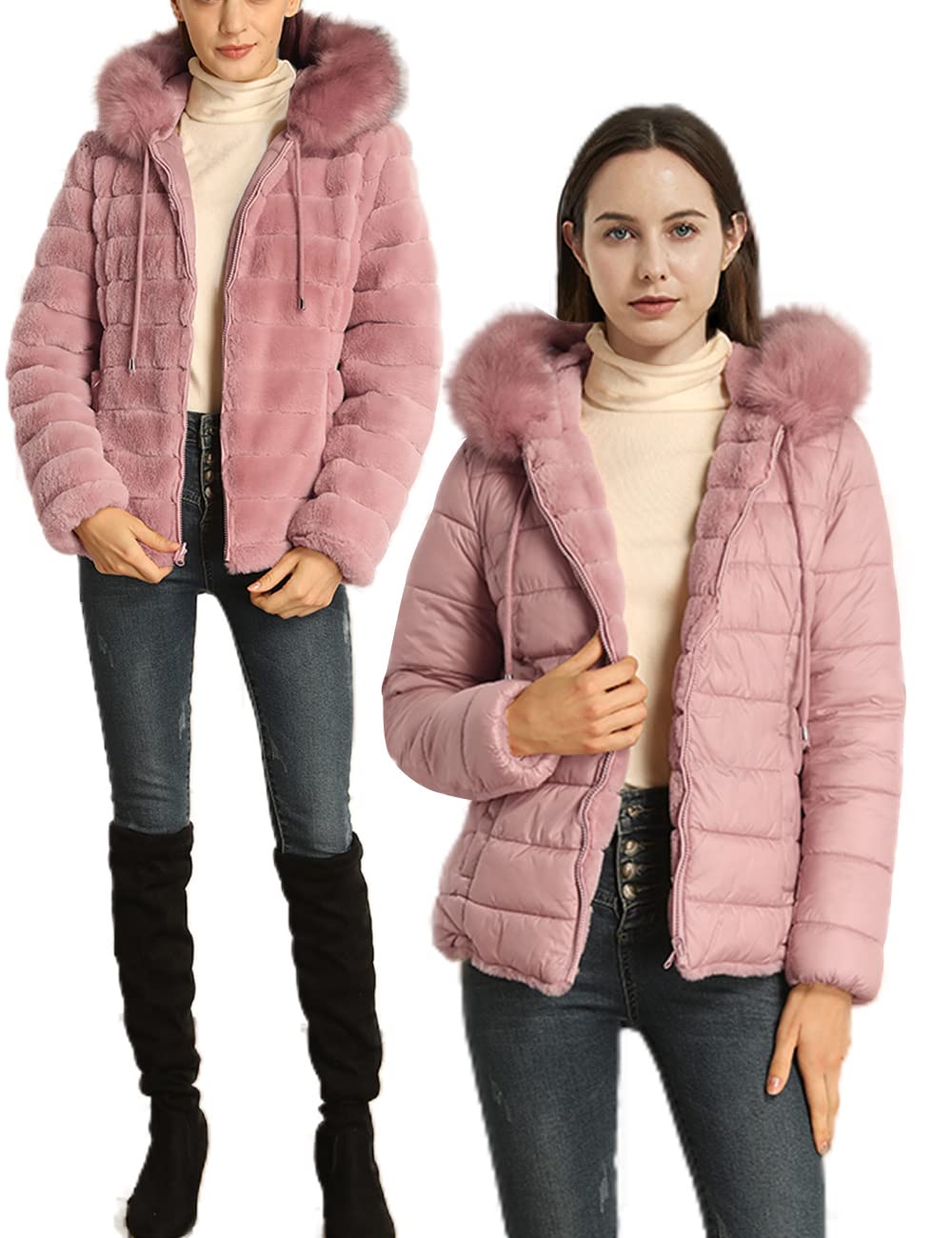 Bellivera Women's Reversible Faux Fur Jacket - Double Sided Winter Coat with Hood & Fur Collar | Warm Puffer Coat for Fall, Winter & Spring Fashion | Perfect for Outdoor Activities, Travel & Casual Wear