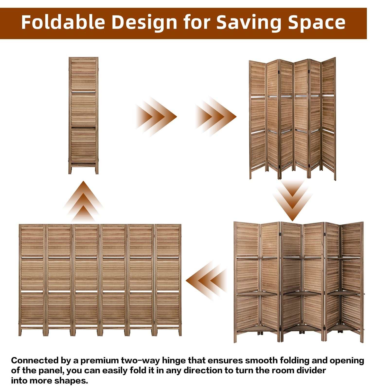 ECOMEX 5.6Ft Wooden Room Divider with Shelves - Fully Assembled Folding Privacy Screen for Bedroom, Office & Living Room - Dark Brown Home Decor Partition