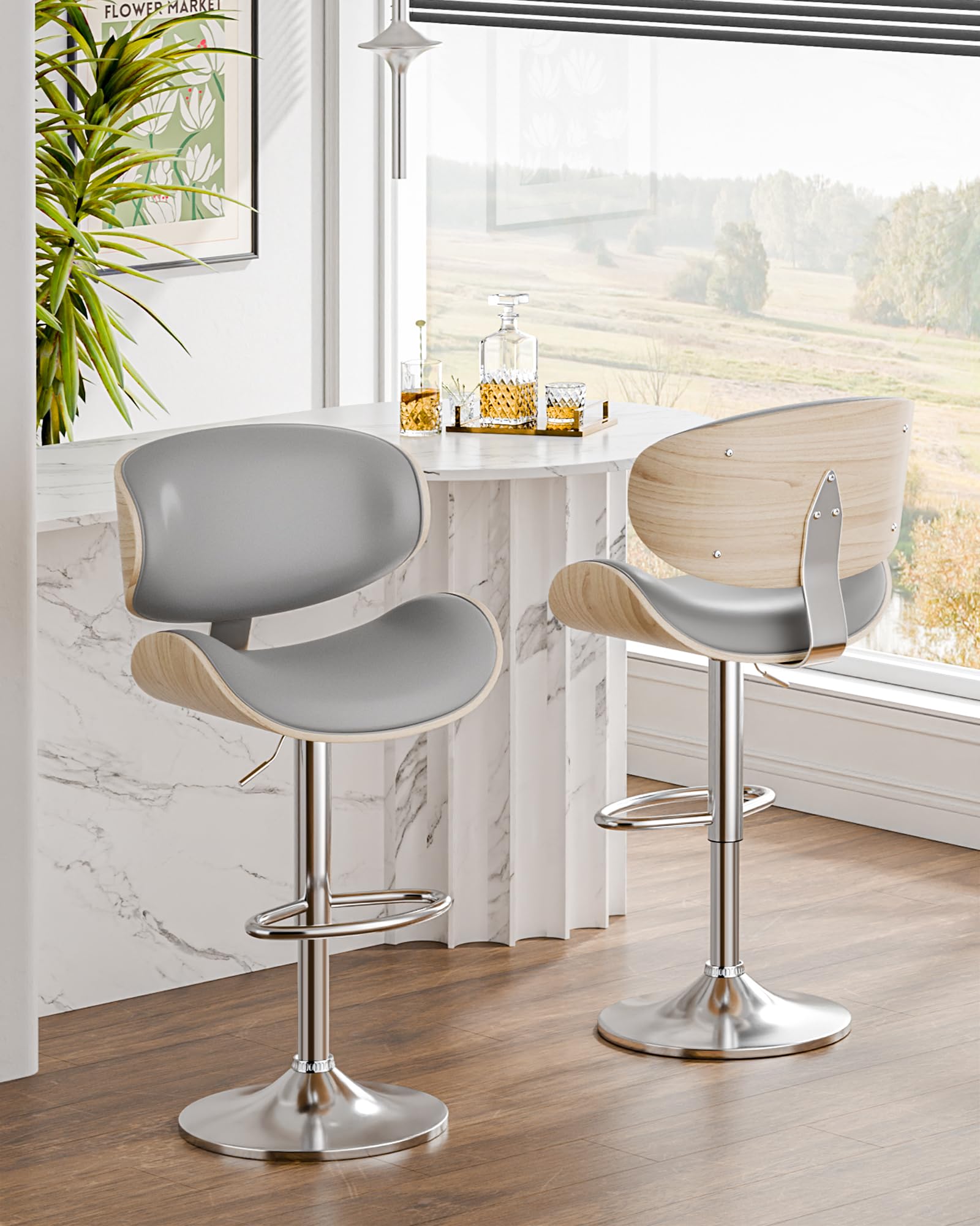2 Pack Adjustable Swivel Leather Bar Stools - Mid Century Modern Counter Height Bar Chairs with Backrest & Footrest for Kitchen Island, Breakfast Nook or Home Bar (Grey)