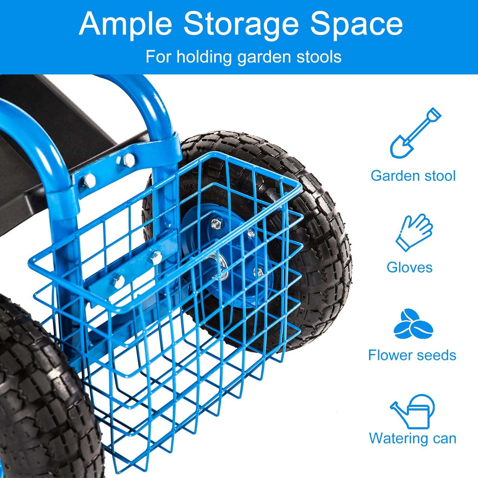 Heavy Duty Rolling Garden Cart Scooter Stool with Seat & Wheels - Adjustable Handle 360° Swivel Mobility Scooter - Perfect for Gardening, Landscaping & Outdoor Chores (Blue)