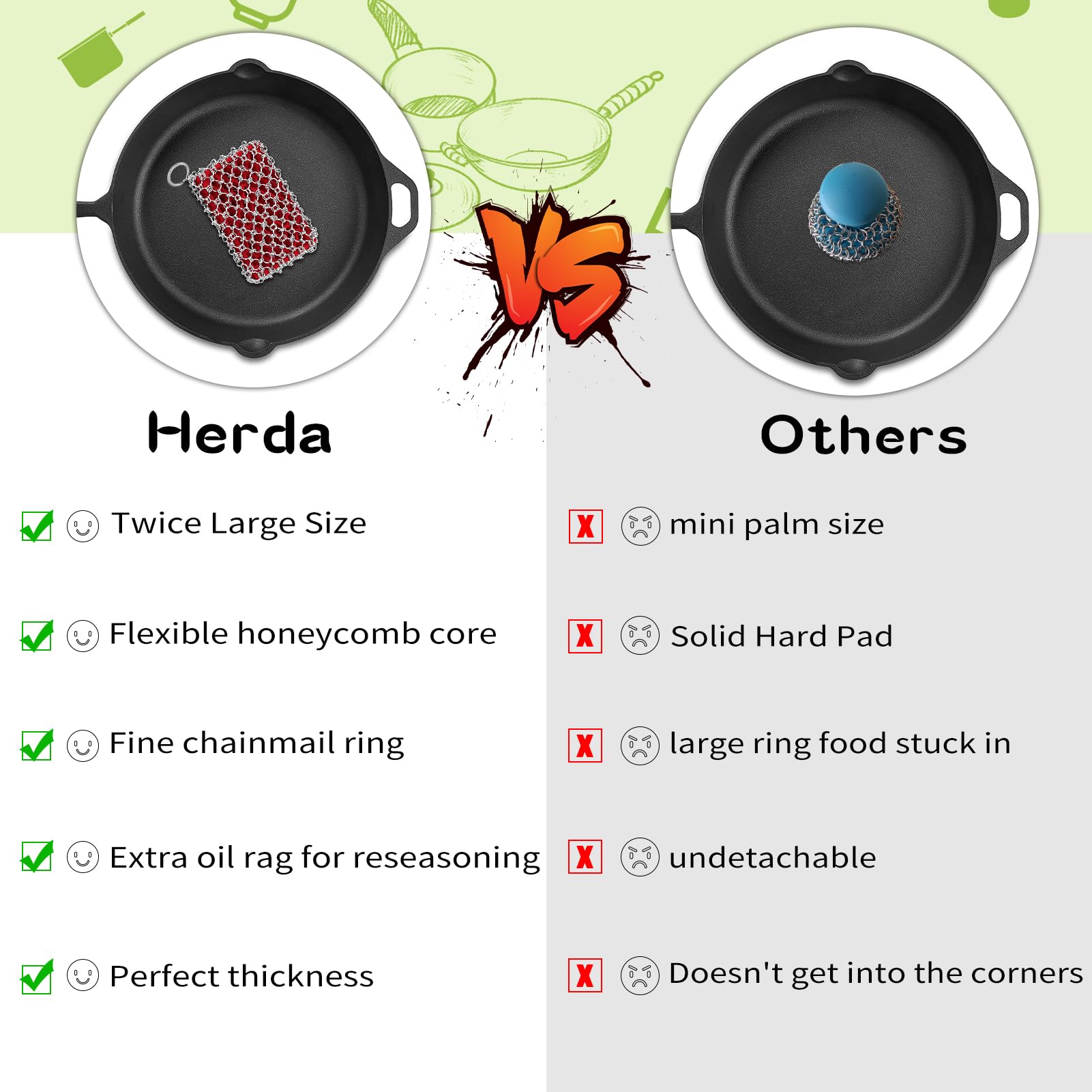 **Herda 316L Stainless Steel Chainmail Scrubber for Cast Iron Skillets, Woks & Dutch Ovens – Heavy Duty Metal Scrubber Sponge for Grill, BBQ & Kitchen Cleaning – Rust-Free & Durable**    *(Perfect for Cleaning Tough Grease & Burnt Food Residue on Cast Iron Cookware, Grills, and Outdoor BBQ Tools)*