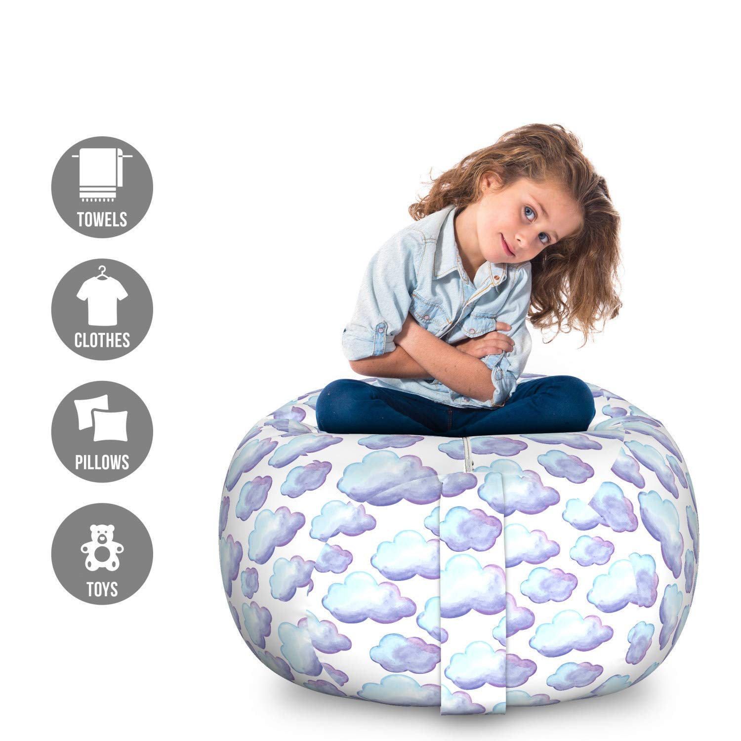 Ambesonne Watercolor Storage Toy Bag Chair - Gradient Clouds Design, Large Washable Stuffed Animal Organizer for Kids Room, Nursery & Playroom - Ceil Blue & Pale Blue