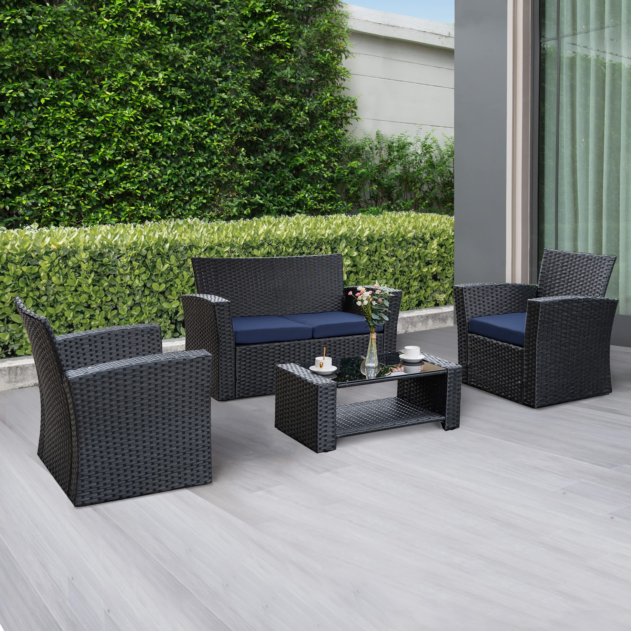 WO Home Furniture 4-Piece Patio Conversation Set - Black Rattan Wicker Sofa, Chairs & Coffee Table with Navy Blue Pillow Cushions | Outdoor Garden, Backyard, Poolside Lounge Furniture for Relaxing & Entertaining