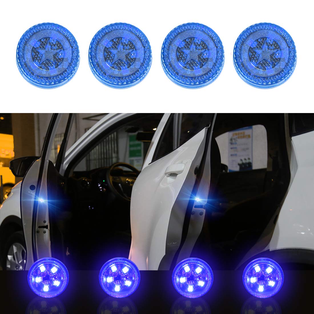 Maodaner 4-Pack Universal Wireless LED Car Door Warning Lights - Blue Strobe Flashing Anti-Collision Safety Lamps for Vehicles | Perfect for Night Driving, Emergency Signaling & Parking Safety