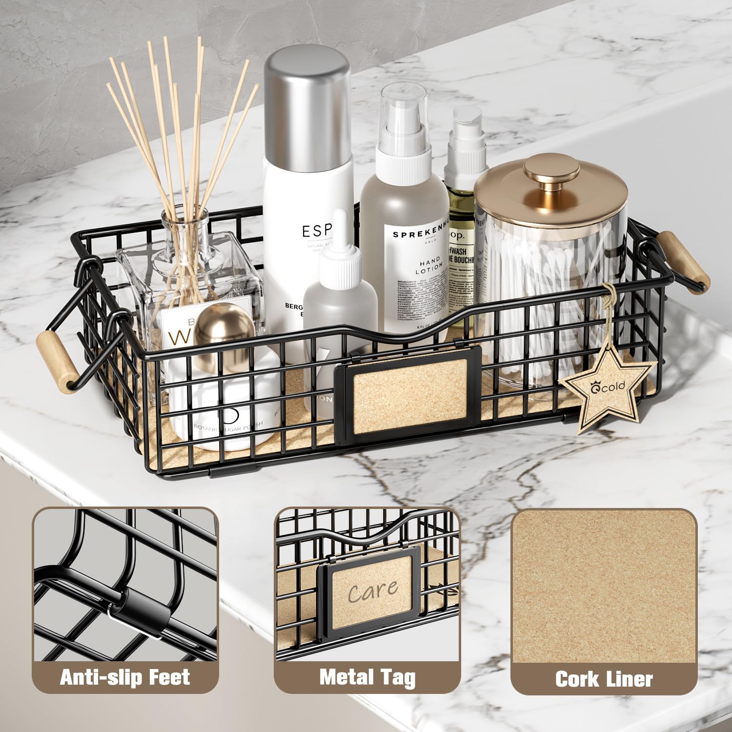 Premium Bathroom Organizer Basket with Handle - Stylish Vanity Tray for Skincare & Cosmetics Storage - Black Countertop Organizer for Bathroom Decor | Perfect for Small Spaces, Makeup Vanity & Spa-Like Bathroom Organization