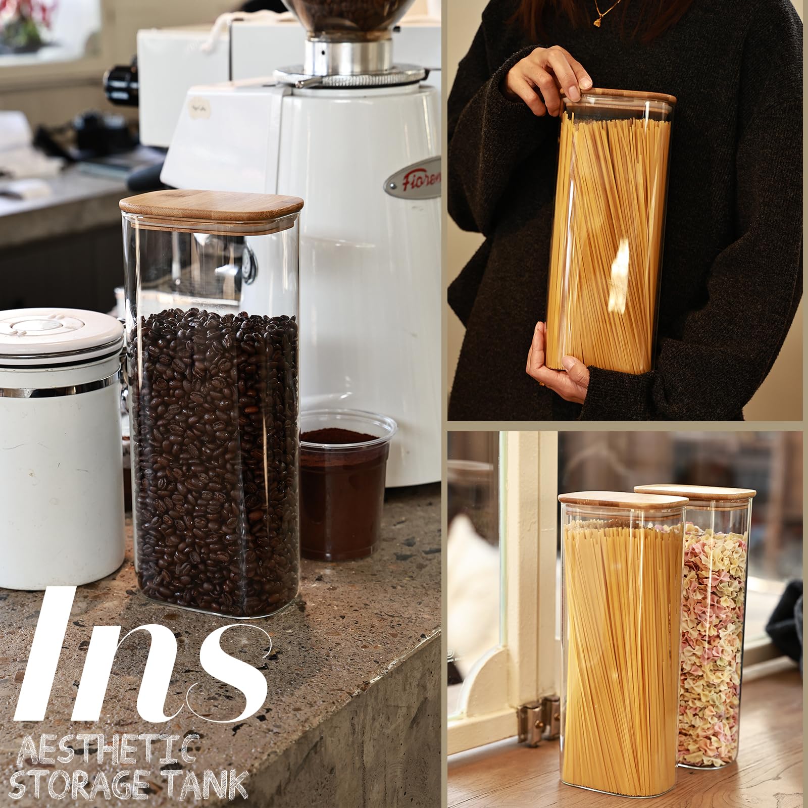 Liuruiyu 3-Piece Glass Storage Jars Set - Airtight Bamboo Lid Clear Food Containers for Kitchen Pantry | Perfect for Storing Candy, Cookies, Rice, Sugar, Flour & Pasta | Stackable Space-Saving Design for Organized Cabinets & Countertops