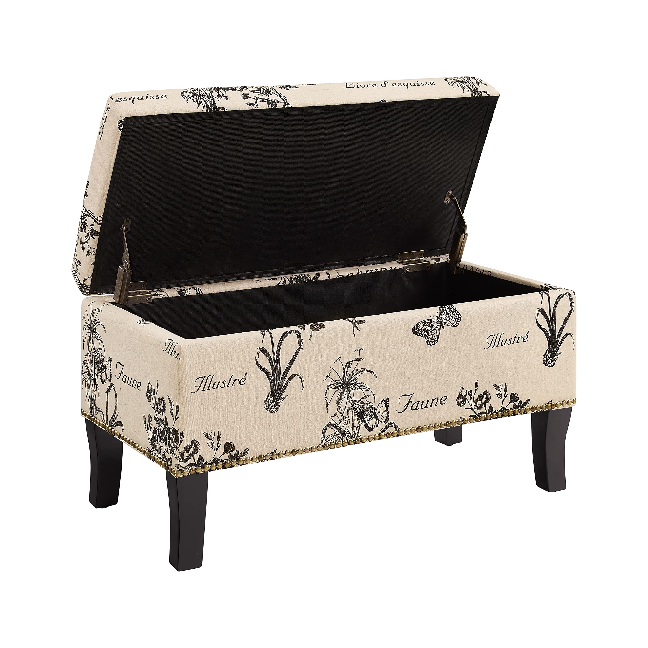Linon Stephanie Ottoman with Botanical Linen Fabric - Stylish Footrest & Storage Bench for Living Room, Bedroom or Nursery - Perfect Home Decor Accent Piece