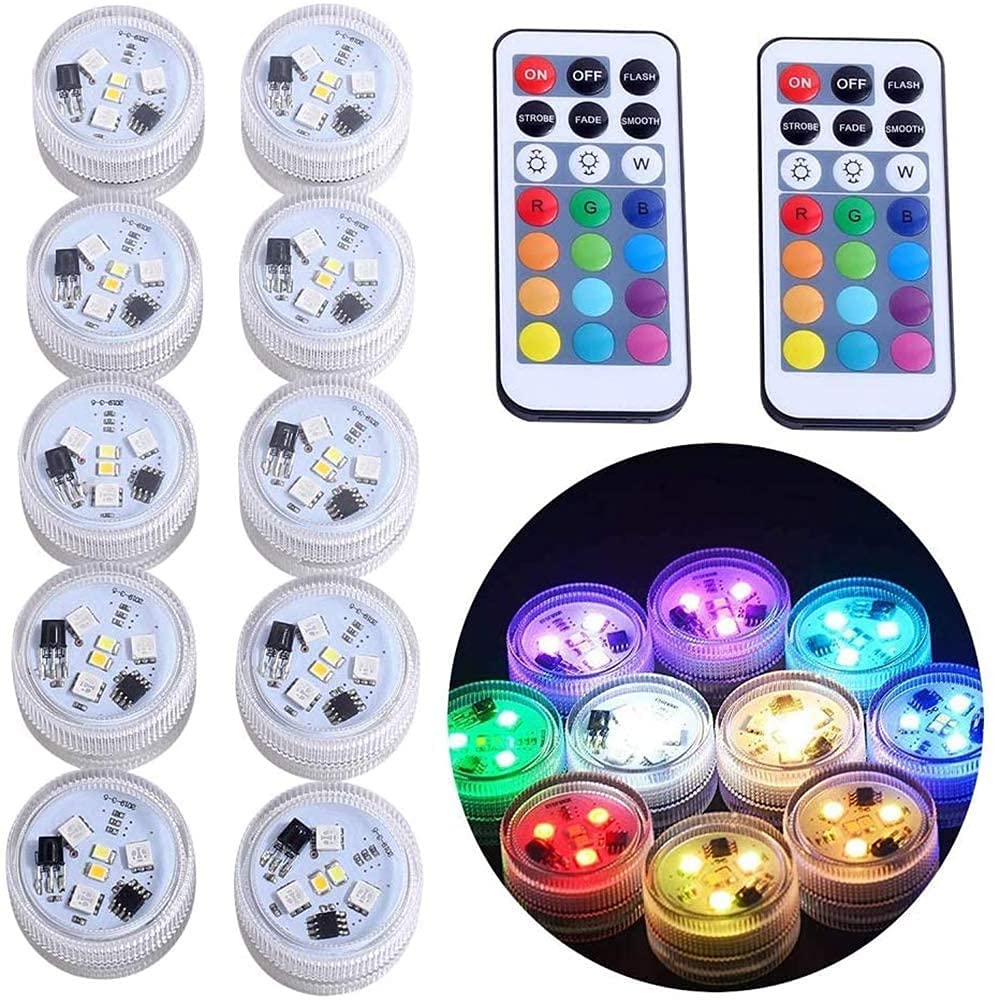 Mini Submersible LED Lights with Remote - 10pcs Small Waterproof RGB Multicolor Flameless Tea Lights for Vase, Pool, Pond Decoration | Battery Operated Underwater Accent Lighting for Weddings, Parties & Home Decor